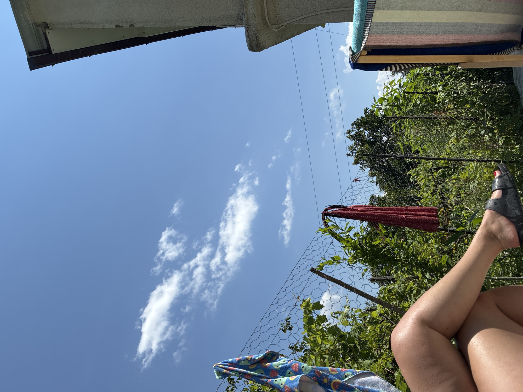In Surami, Georgia, a person's tanned legs and feet, wearing black slide sandals, are visible in the foreground, positioned on the left side of the frame. The legs appear slightly dewy, suggesting a recent exposure to water or sweat. Behind the legs, a wire fence borders a lush green garden, where a red patterned dress hangs from a rack. To the left of the dress, a colorful towel, patterned with various fruits, is draped over the fence. The background is dominated by a clear blue sky with scattered white clouds. The right side of the image shows a portion of a building, likely a house, with a textured gray wall and a dark roofline. The overall scene depicts a relaxed outdoor setting, possibly a backyard or garden, on a sunny day.