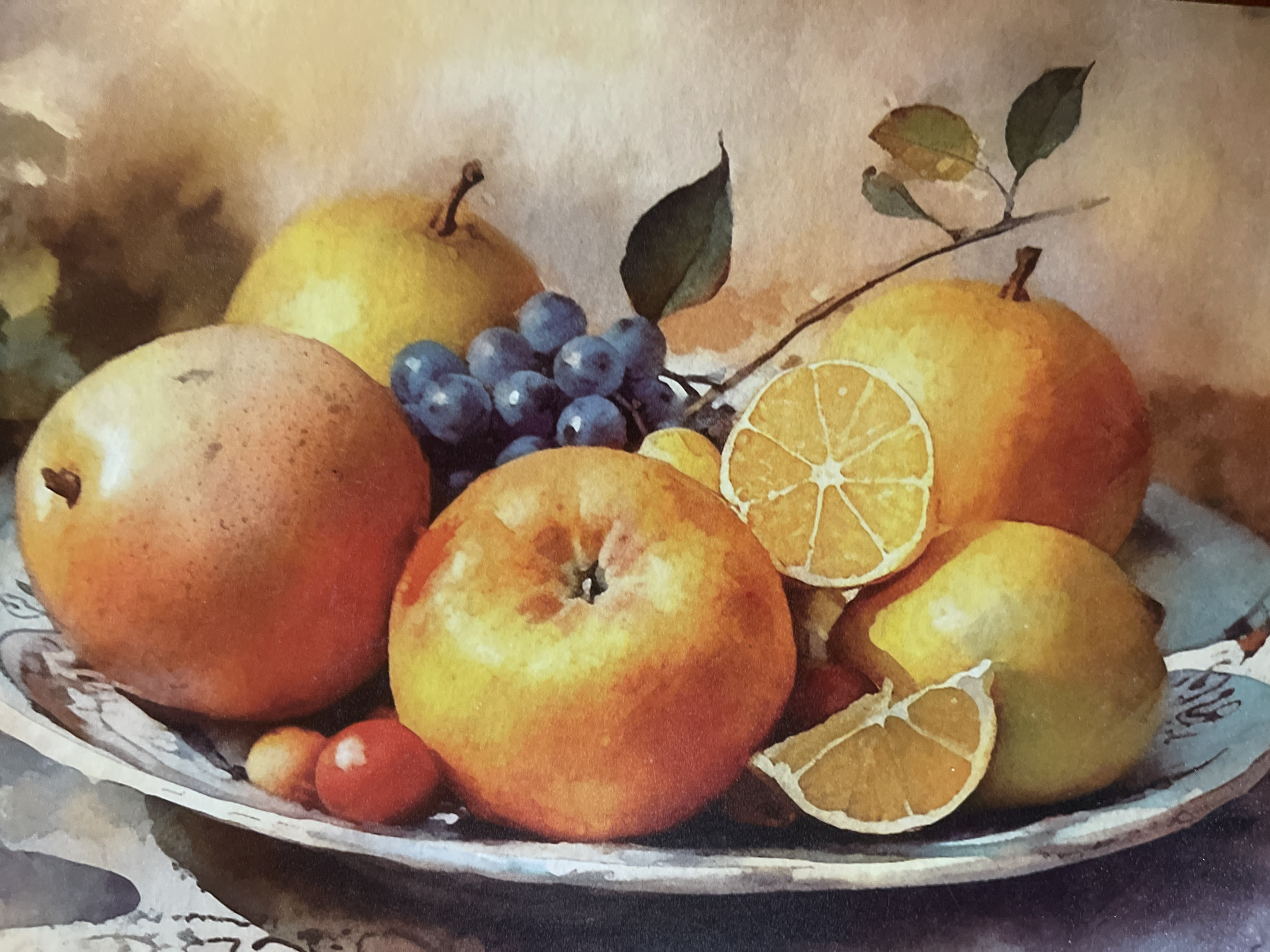 This is a watercolor painting depicting a still life of various fruits arranged on a decorative platter. The subjects include apples, oranges, lemons, grapes, and what appear to be small red berries or cherry tomatoes. There are also slices of lemon or orange visible. The fruits are rendered with soft brushstrokes and a warm color palette, suggesting a focus on light and shadow to create volume and texture.
The setting appears to be indoors, on a surface that is partially visible at the bottom of the image, possibly a tablecloth or tabletop. The background is abstract and softly rendered, with muted tones of beige and brown, creating a diffused atmosphere. A delicate branch with a few green leaves extends from the upper right, adding a touch of nature to the composition.
The activity taking place is simply the arrangement of fruit for artistic representation, a classic still life genre. There are no people or animals present. The lighting seems soft and diffused, suggesting it could be natural light from a window, possibly during the daytime. The overall mood is one of abundance and rustic charm. No visible text is present in the image. The context of Minsk, Belarus, does not provide any specific visual cues within the artwork itself.