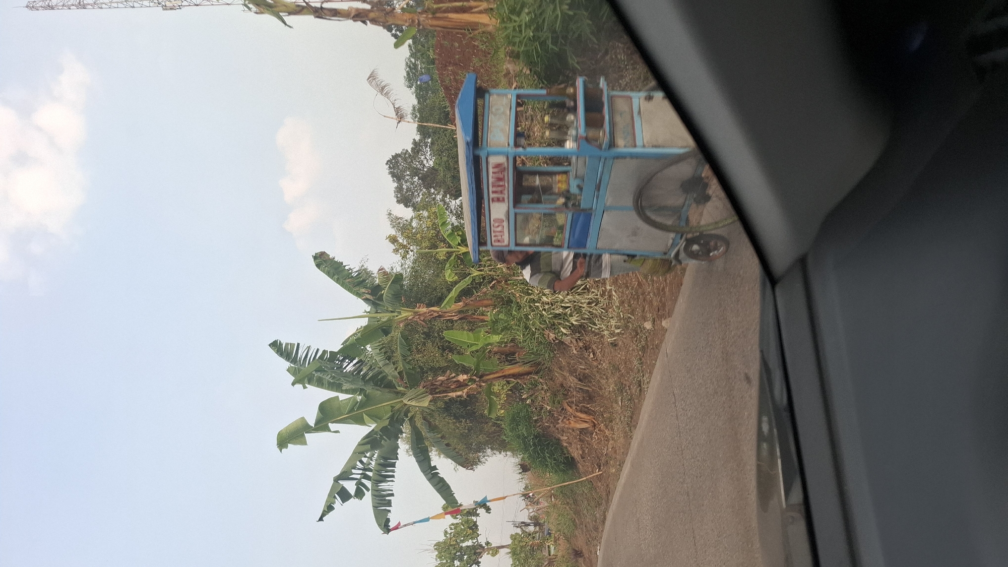A mobile food cart vendor is pictured by the side of a rural road in Cibinong Hilir, Indonesia. The cart, painted blue and silver, is situated to the right of the road and displays the text "BAKSO BATMAN" on its side. A vendor, wearing a horizontally striped shirt and dark pants, stands beside the cart, appearing to interact with it. The surrounding environment is lush and green, with banana trees and various foliage lining the embankment behind the cart. A tall telecommunications tower is visible in the distance to the far right. The foreground of the image is dominated by the interior of a vehicle, suggesting the photo was taken from a moving car. The sky is partly cloudy and appears to be late afternoon or early evening.