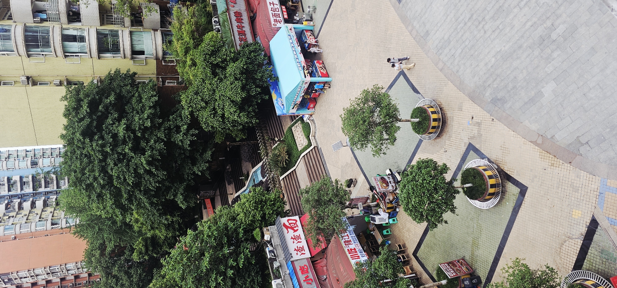 Captured from an elevated perspective in the Jiulongpo District, China, the image presents a vibrant urban scene. Buildings with balconies and air conditioning units are visible. A substantial, dense tree canopy dominates the left side. A paved area featuring geometric designs and several planted trees encircled by decorative planters is visible. Commercial elements include storefronts with Chinese signage, a blue booth or stall, and small tables with chairs, suggesting food or drink vendors. A couple of individuals are walking across the paved area. A small water feature and landscaped area are located between the storefronts and a set of stairs.