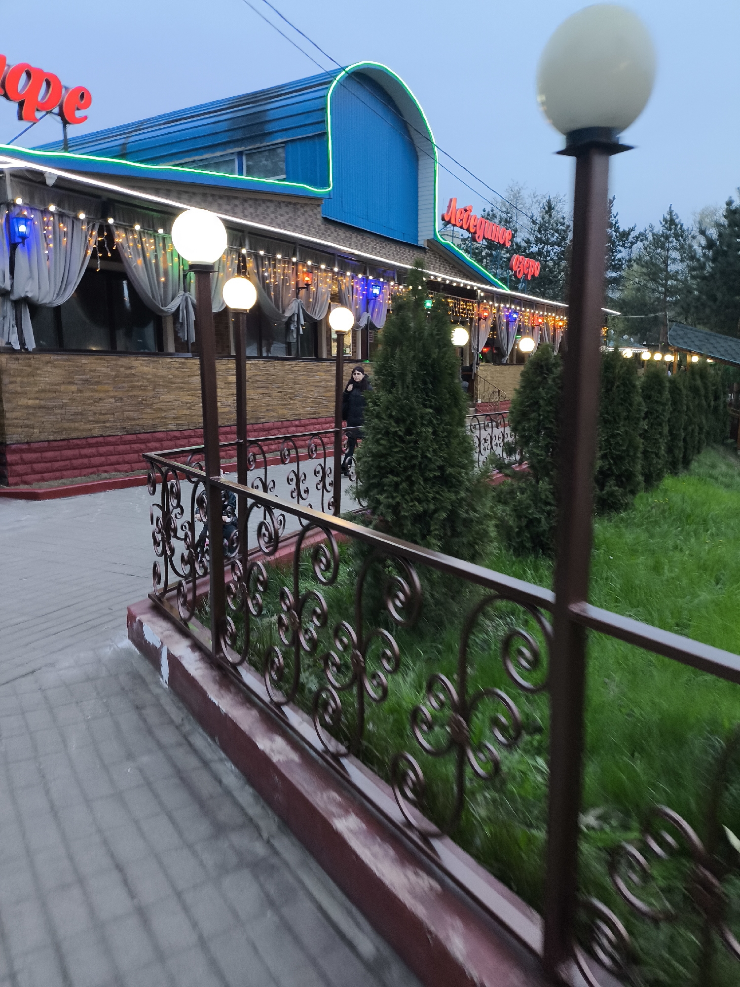This eye-level outdoor shot captures the exterior of a cafe or restaurant at dusk in Khimki, Russia. The prominent building features a two-tone facade with a light brown brick-like lower section and a blue roof portion with a distinctive arched shape and neon green trim. Red Cyrillic neon signs adorn the building: "Кафе" (Cafe) is visible on the left side, and "Лебединое озеро" (Swan Lake) on the right.
The building's windows are covered with draped, light-colored curtains, and numerous string lights with warm-toned bulbs, along with some blue and red colored lights, create a festive ambiance along the building's edge. Several white, spherical outdoor lamps on tall posts illuminate a paved walkway in the foreground and mid-ground. An ornate, dark brown metal fence with intricate scrollwork runs along the edge of the walkway, separating it from a strip of lush green grass and a row of small, conical evergreen trees.
In the mid-ground, a person dressed in dark clothing stands near the building, slightly obscured by one of the light posts, seemingly observing the surroundings or waiting. Another figure is faintly visible behind the fence in the lower left crop. The sky is a soft, pale blue-grey, indicating the early evening hour. The scene conveys a quiet, inviting atmosphere, likely as the establishment prepares for or winds down from evening patronage.