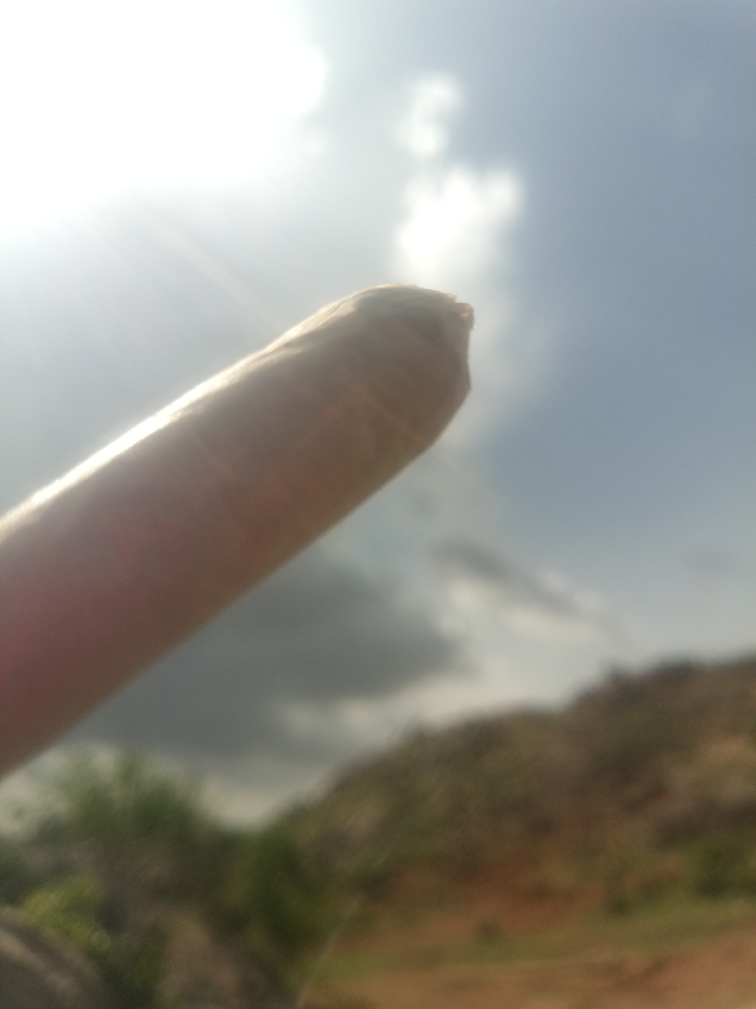 A close-up, slightly blurred, outdoor shot shows a finger pointing upwards against a bright sky with some clouds. The finger is the dominant subject, filling the left side of the frame and angled diagonally from the bottom left to the top right. The skin tone is visible, and the tip of the finger is rounded. The background consists of a bright sky, appearing overexposed in some areas, with scattered clouds. Below the sky, a blurred landscape of hills covered in brown earth and green vegetation is visible. The lighting suggests it is daytime, with the sun likely out of frame but casting a strong light. The overall impression is of a casual photograph taken outdoors on a sunny day.