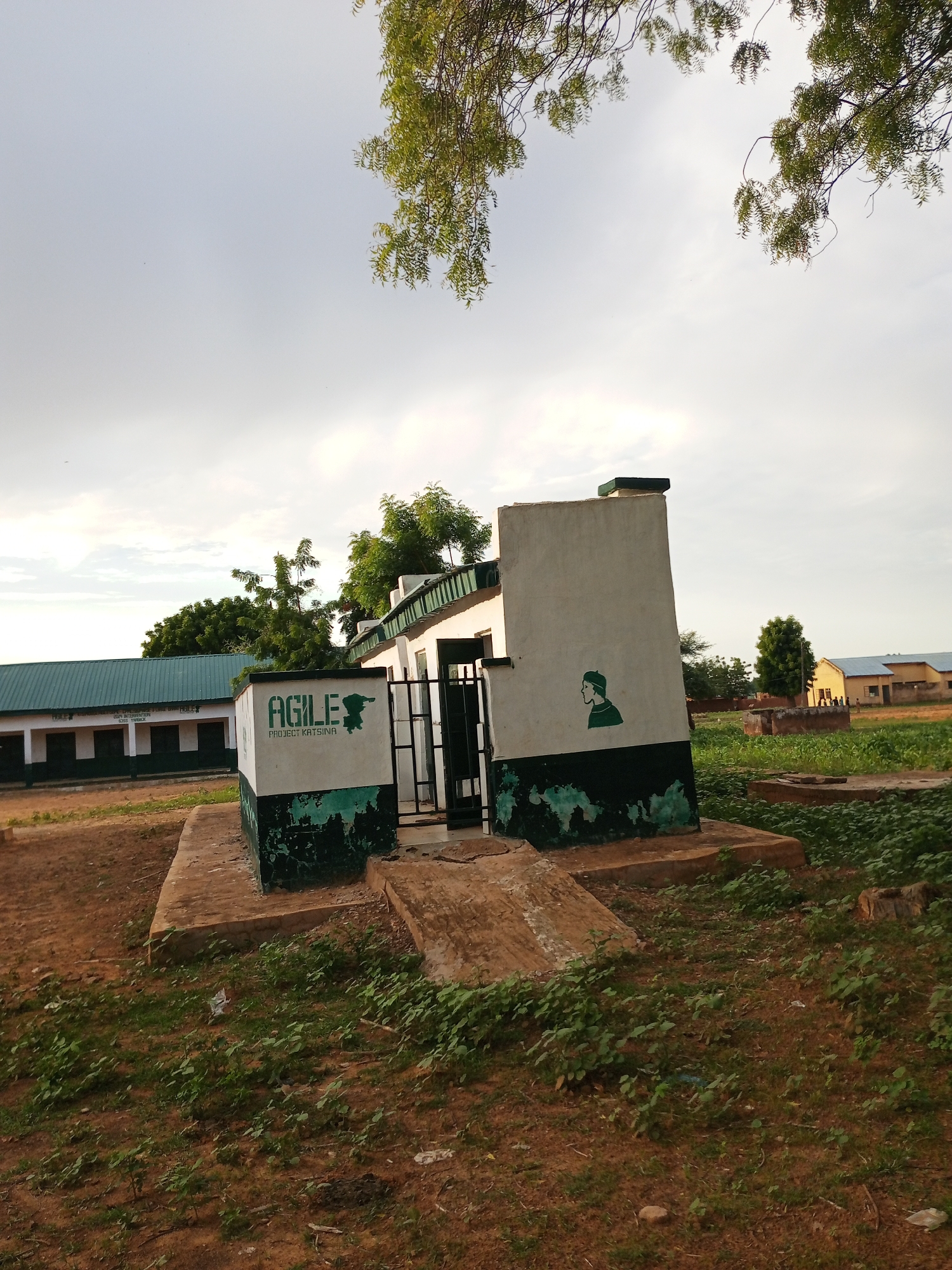 The image captures an outdoor scene with a building in the foreground, identified as being in Yardaje, Nigeria, based on the text "AGILE PROJECT KATSINA" visible on the building. The building itself appears to be a small, possibly public, structure with white walls and a dark green trim. There is graffiti or artwork on the building, including the words "AGILE" and a silhouette of a person's profile. A metal gate is attached to the structure.
Behind the foreground building, there is a larger, long building with a green roof and white walls, also displaying some green trim. Further in the background, additional yellow buildings with blue roofs are visible. The area around the buildings is characterized by unkempt vegetation, including grass and weeds, growing on reddish-brown soil. Trees with green foliage are scattered throughout the scene, with some branches of a large tree hanging into the frame from the top. The sky is overcast with clouds. There are no visible people or animals in the image.