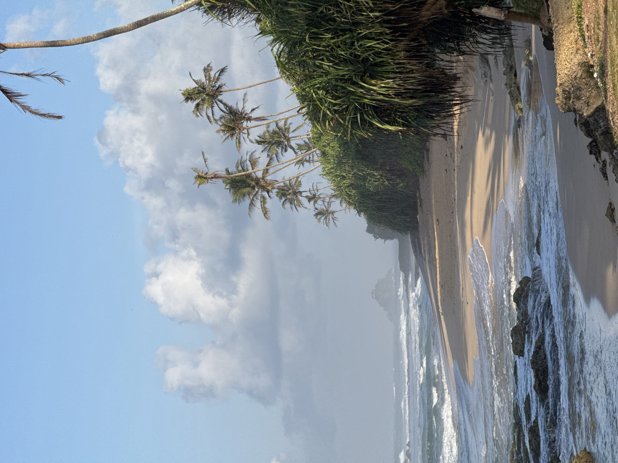 The image depicts a serene beach scene in Midigama, Sri Lanka, under a bright, partly cloudy sky. The foreground features a sandy beach with scattered rocks, some of which are partially submerged in the gentle waves. The ocean displays a pattern of incoming waves with white foam. To the right of the frame, a dense cluster of lush green vegetation, including palm trees and other tropical plants, lines the edge of the beach, casting shadows on the sand. Further down the coast, a small rocky island is visible in the distance, shrouded in a light haze. The overall impression is one of a tranquil tropical paradise.