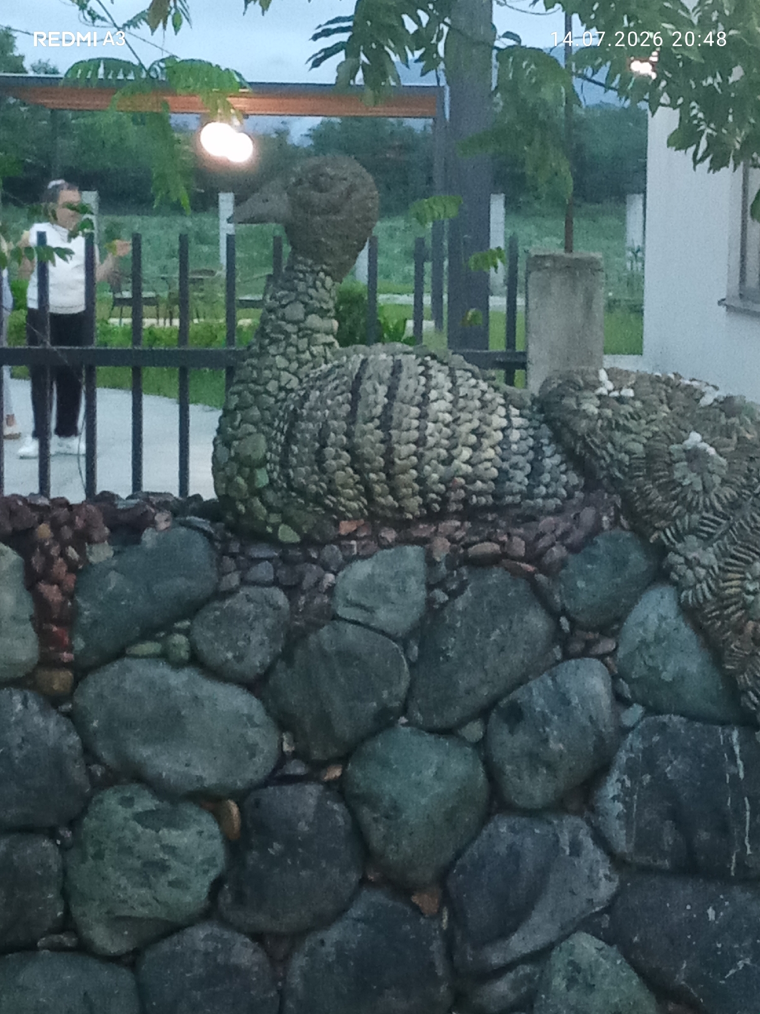 The image depicts an outdoor scene in Markhiaul, Abkhazia. In the foreground, a wall constructed from large, dark grey and greenish stones is visible. A decorative sculpture, seemingly of a bird or peacock, made from numerous small, multi-colored pebbles, is prominently displayed atop the stone wall. The sculpture features intricate patterns formed by the arrangement of these pebbles, creating a textured surface. Behind the wall, a black metal fence runs horizontally. A person, dressed in a white top and dark trousers, stands to the left of the frame, partially obscured by the fence and foliage. They appear to be interacting with something or someone off-camera, with their right arm extended. In the background, more greenery and trees are visible, along with a light fixture emitting a soft glow. The sky appears overcast, suggesting it may be evening or a cloudy day. The timestamp "14.07.2026 20:48" is overlaid on the image in the upper right corner, and "REDMI A3" is in the upper left.