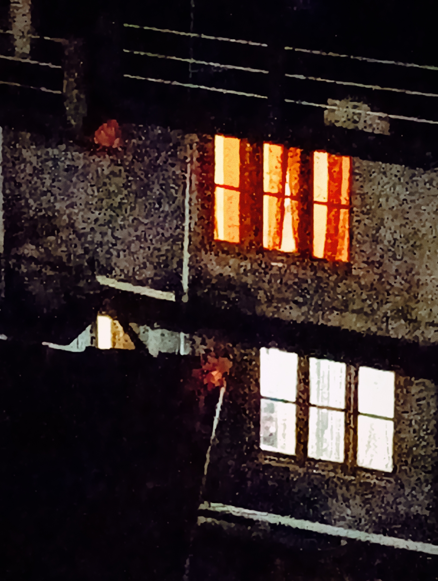 The image shows an exterior view of a building at night, with several windows illuminated from within. In the upper section of the building, there are at least two windows, with the one on the right emitting a bright orange light, suggesting interior lighting or perhaps a light source like a lamp. The window to its left also shows a similar orange glow, possibly from the same source or a similar one. The building's facade appears to be textured, with a speckled or rough finish. A small, reddish-brown object is visible on the ledge or surface below the upper windows, which could be debris or a small object.
In the lower section of the image, a row of three windows is visible, each emitting a bright white light. These windows appear to be of a different style than the upper ones, perhaps with lighter frames. The building here also has a textured dark exterior. The overall scene suggests an urban or semi-urban environment at night, with the illuminated windows providing a sense of activity or occupancy within the building. The lighting is predominantly artificial, casting an atmospheric glow on the dark surroundings. No specific details are discernible about the city of Vashisht, India, from the visual information in the image itself.
