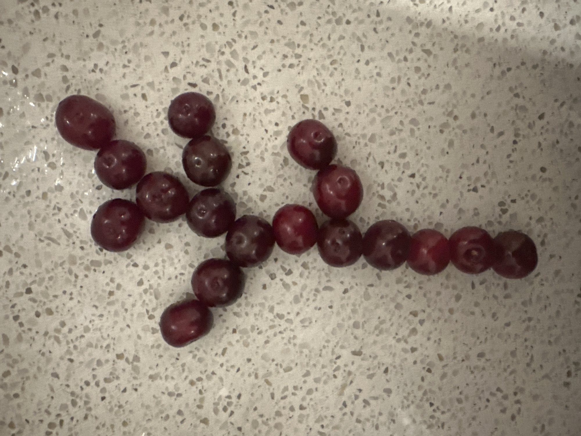 A cluster of dark red grapes is arranged in a roughly vertical line on a speckled light-colored countertop. The grapes appear to be individual fruits, not a bunch, and are slightly varied in shape and size. Some grapes are round, while others are more oval. The arrangement forms a subtle curved shape that resembles a stylized letter or a delicate plant stem. The countertop has a pattern of small, irregular specks in shades of gray and brown, giving it a textured appearance. The lighting in the image casts subtle shadows around the grapes, highlighting their three-dimensional form. There are no people or other objects visible in the frame.