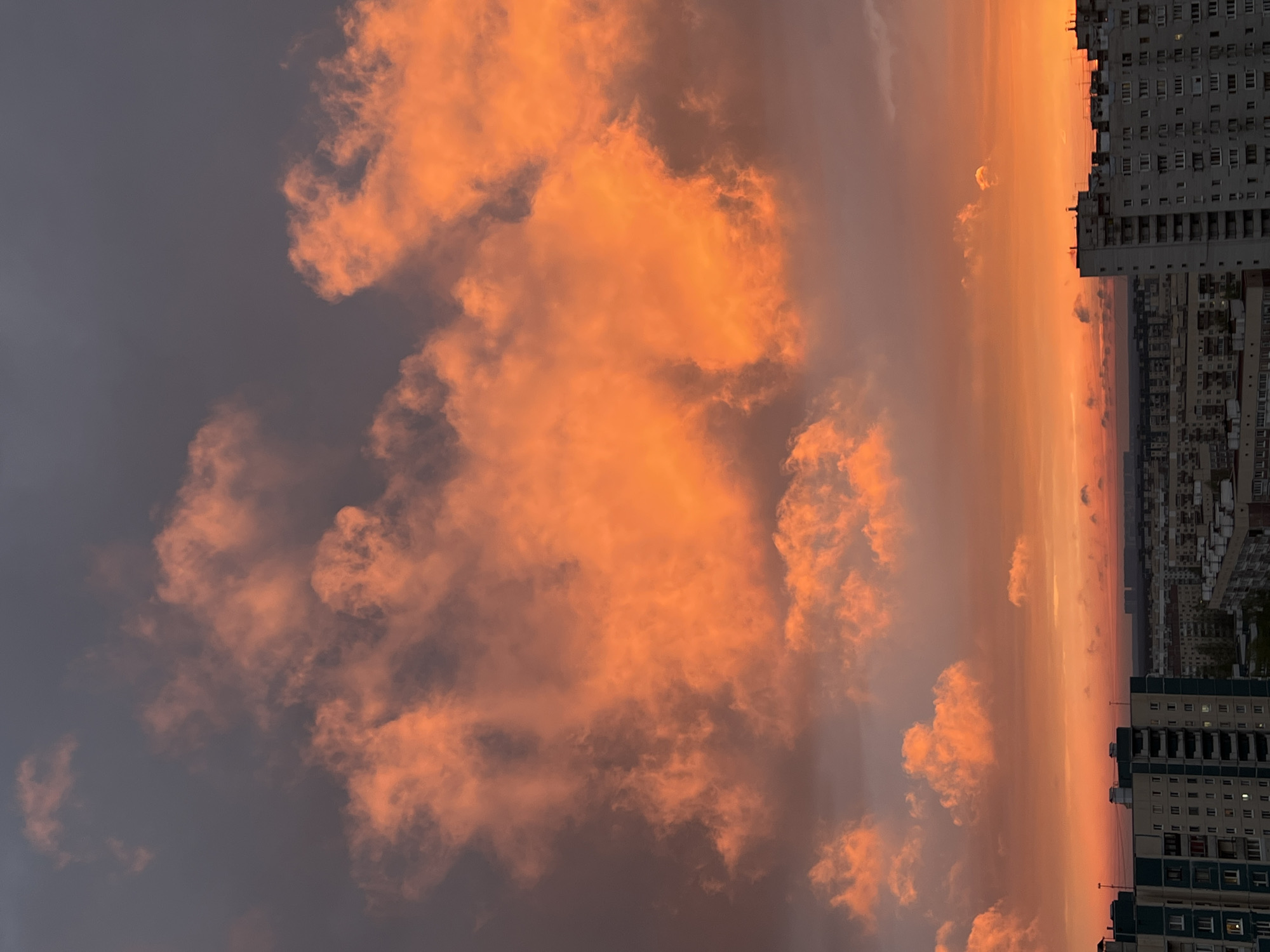 The image depicts an evening sky with orange and gray clouds over Saint Petersburg, Russia. On the right side of the image, apartment buildings are visible, characterized by a dense layout with numerous windows. The sky transitions from darker gray at the top-left to a vibrant orange horizon. The lighting suggests it is either sunset or sunrise. There are no discernible people or specific actions captured in the frame.