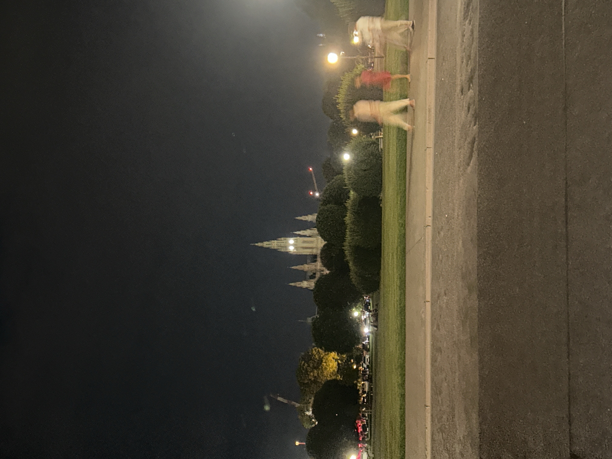 The image shows a night scene in Vienna, Austria, featuring the Vienna City Hall (Rathaus) in the background. The Gothic Revival building is illuminated, with its spires and clock tower prominently visible against the dark sky. In the foreground, a park with manicured bushes and grass is visible. Several people are walking on a paved path along the park's edge, their forms blurred due to motion. Streetlights cast a warm glow on the scene. In the distance, other buildings and a construction crane are also discernible. The overall impression is a tranquil, urban night setting with a historic landmark as the focal point.