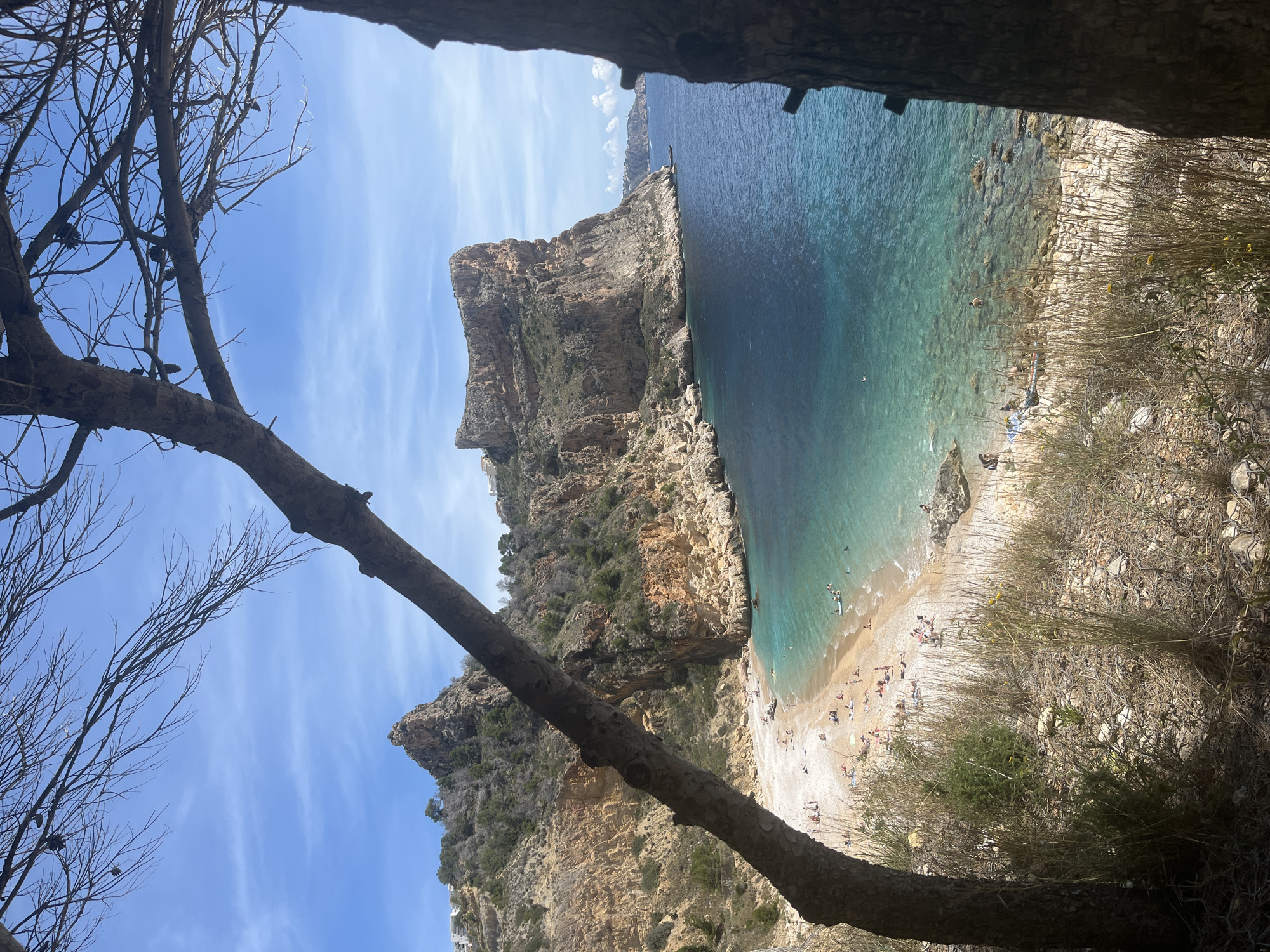 The image shows Cala del Moraig beach in el Poble Nou de Benitatxell / Benitachell, Spain, viewed from an elevated position framed by tree branches. The beach is a small, white pebble beach nestled between rocky cliffs. The turquoise sea is calm, with several people swimming and sunbathing on the shore. The cliffs are rugged, with sparse vegetation clinging to their sides. The sky is blue with scattered clouds.