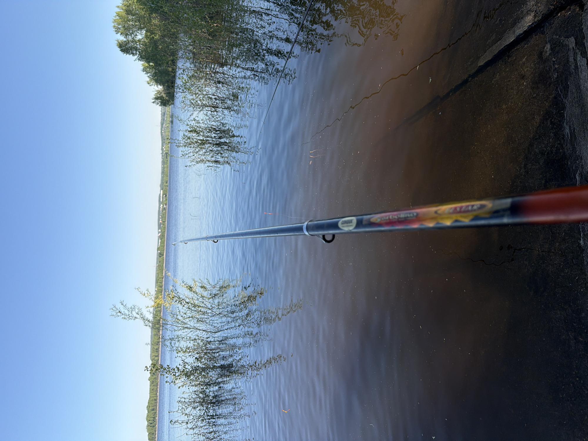 The image captures a fishing scene, likely in the city of Chaikovsky, Russia, given the context. A fishing rod extends over the water, its tip and line visible. The water reflects the surrounding trees and sky, with ripples disturbing the surface. A concrete edge is visible on the right side of the frame, meeting the water. Trees and vegetation line the far bank of the water body. The sky is clear and blue.
