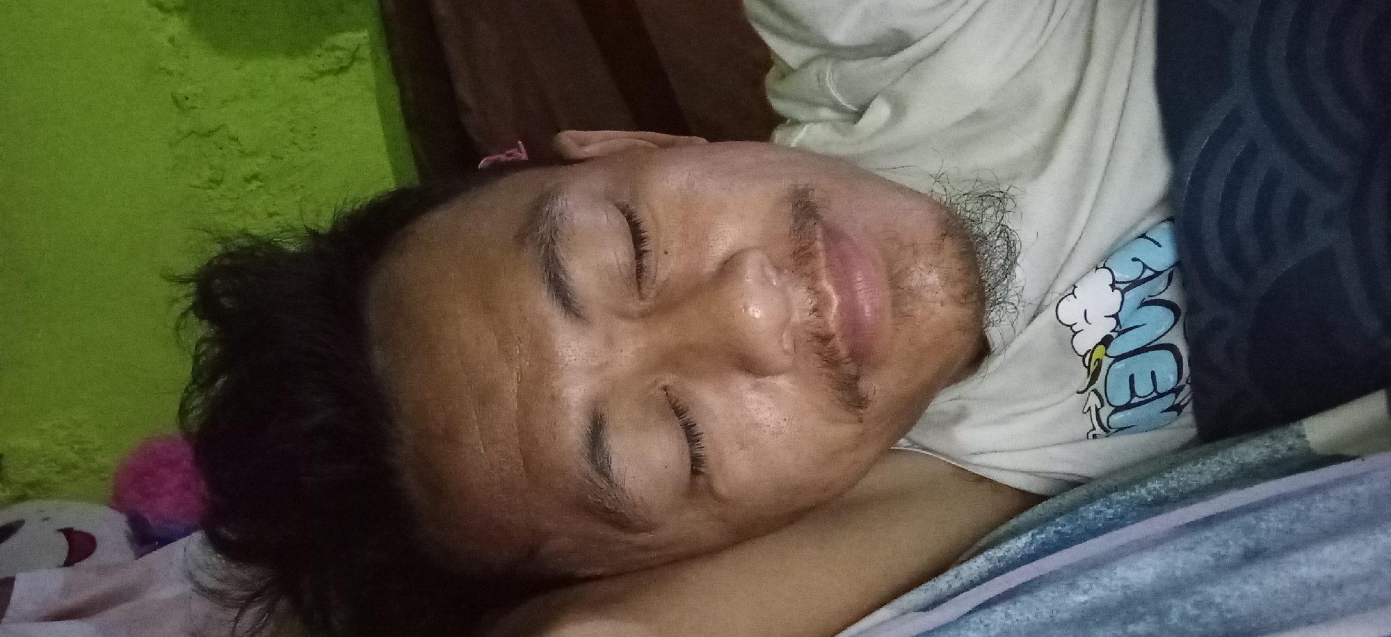 An adult individual is depicted in a close-up, top-down view, appearing to be asleep or resting. The person's head and upper torso are visible, with their eyes closed in a peaceful expression. They have dark, somewhat disheveled hair, a mustache, and a beard. The individual is lying on their side, with their head resting on a pillow or bedding, and a light-colored t-shirt covering their upper body. The t-shirt features a graphic design with stylized blue text and white cloud accents; the letters "ME" and "EN" are clearly discernible.
The background features a textured, light green wall on the left side of the frame, suggesting an indoor setting, possibly a bedroom. To the person's immediate left, a pink fluffy object and a portion of a white item with a red curve are visible, possibly a decorative toy or part of a blanket. A dark blue or black patterned fabric is partially visible on the right side, likely another blanket or pillow. The scene conveys a sense of calm and repose in Banjaran, Indonesia.