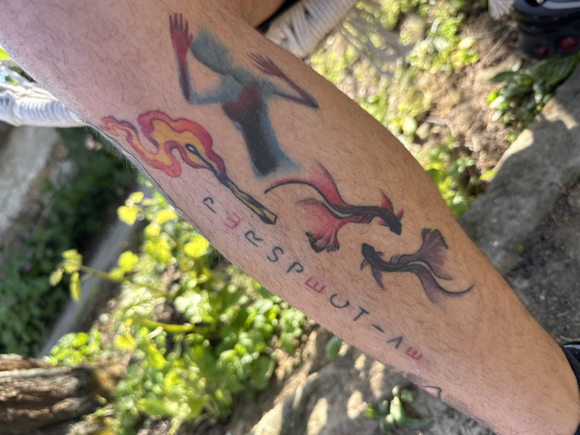 An eye-level, outdoor shot depicts a tattoo on a fair-skinned, hairy human arm. The tattoo features a stylized figure with raised arms, followed by a match with a flame, two dragon-like figures, and the word "RESPECT-AW" in uppercase letters. The background consists of green plants, a section of a wooden structure or fence, and a stone surface. The location is unknown and the image does not imply any connection to Strazhitsa, Bulgaria.