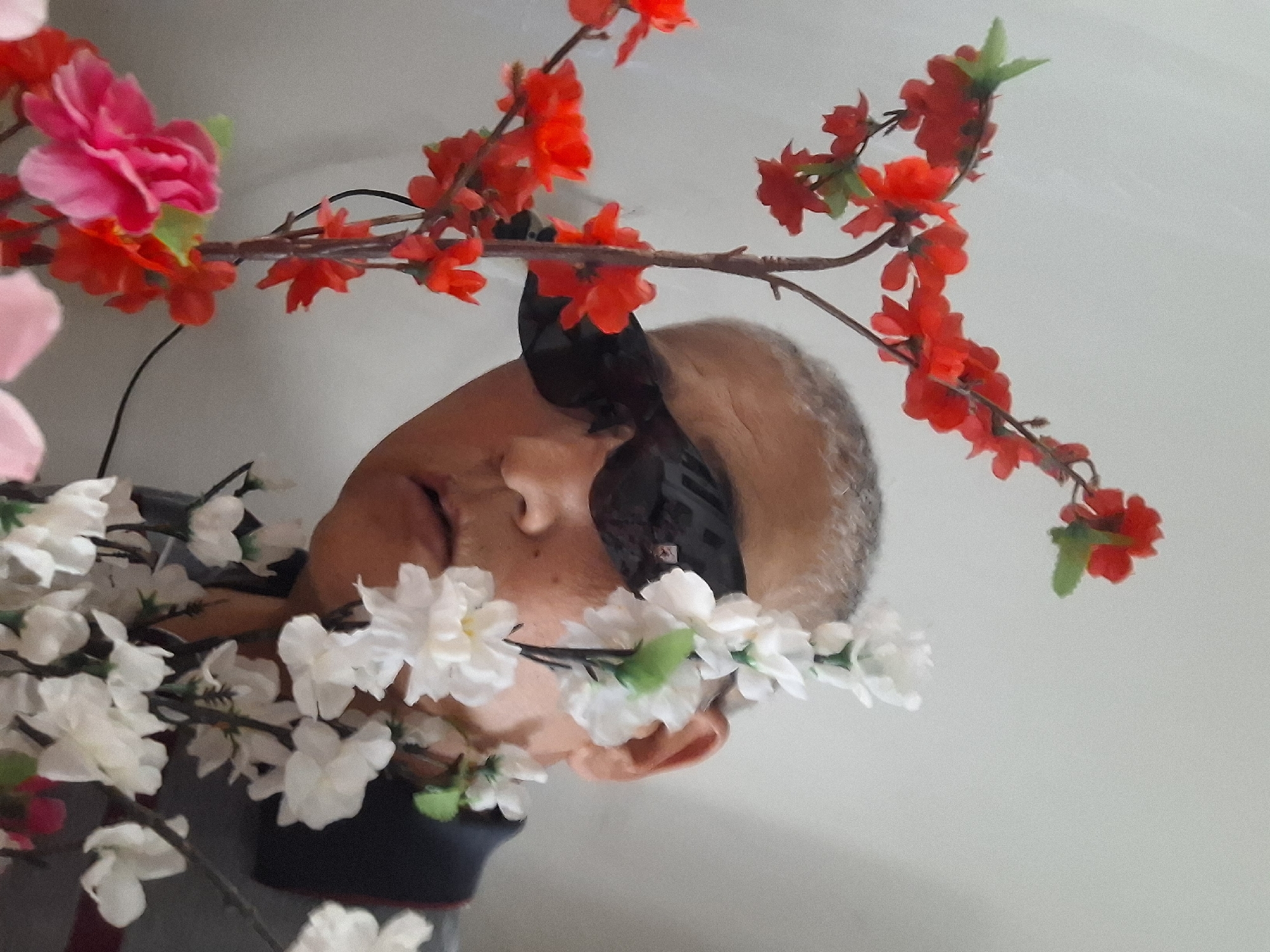 The image shows a close-up of a person's head and shoulders, surrounded by artificial flowers. The person appears to be male, with short graying hair and his eyes are closed. He is wearing a black mask or blindfold over his eyes. The artificial flowers are in clusters of red and white, attached to thin branches. Some pink flowers are also visible. The background is a plain, light-colored wall. The lighting suggests it is daytime, but there are no external environmental cues. The overall impression is peaceful, possibly a moment of relaxation or a staged portrait. The setting appears to be indoors, likely a home or studio. There is no visible text in the image.