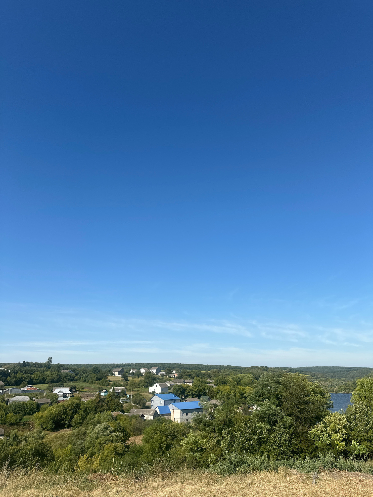 The image depicts a serene, wide-angle landscape view of the city of Makiv, Ukraine. The sky is a vibrant, clear blue, occupying the upper two-thirds of the frame, with a few wispy clouds scattered near the horizon. The lower portion of the image showcases a densely wooded area interspersed with a village. Numerous houses with pitched roofs, many of them blue, are visible amongst the lush green trees. Some houses are clustered together, while others are more isolated. A body of water, likely a river or lake, is partially visible on the right side of the frame, reflecting the bright sky. The foreground is dominated by dry, golden-brown grass, suggesting a summery or late-season setting. The overall scene conveys a sense of rural tranquility and natural beauty. There are no people or animals present in the image.