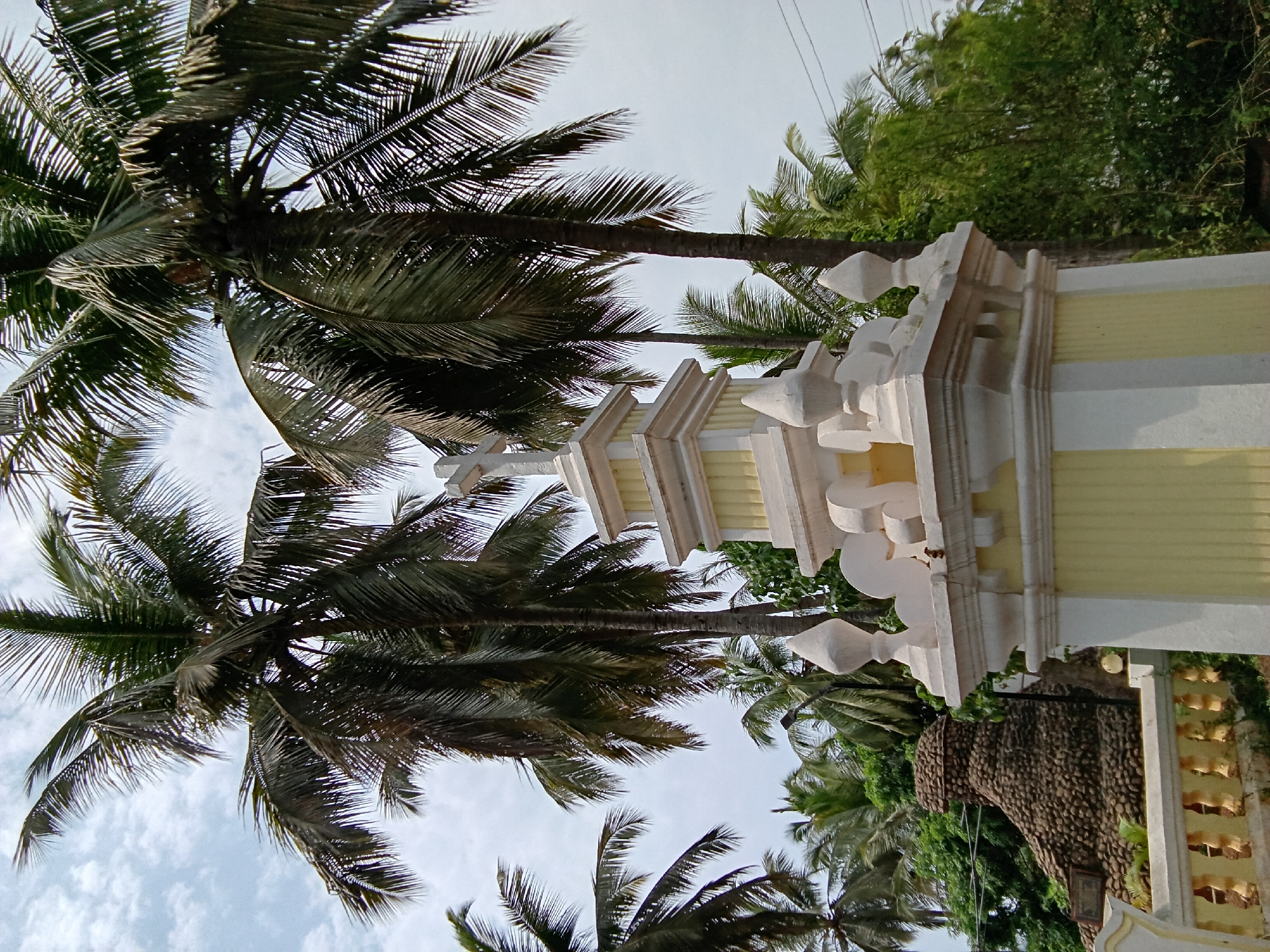 The image captures a vertical view from a low angle, looking up at a structure in Ashvem, India. Palm trees heavily frame the scene, their fronds extending from both sides and partially obscuring the sky. The structure is a light-colored pillar or tower with decorative elements at its top. The pillar's surface is textured with vertical lines and alternating light and dark shades. Adjacent to the pillar is a rock-like formation covered with greenery. The background consists of additional trees and foliage, contributing to a dense, tropical environment. The sky is partially visible through the palm fronds, appearing light with some clouds. A few power lines can be seen against the sky. The overall scene evokes a sense of being immersed in a lush, tropical setting.