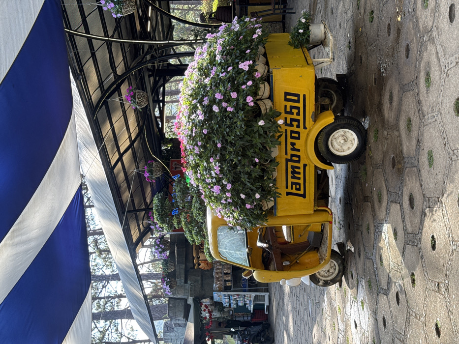 This image depicts an outdoor scene in Da Lat, Vietnam. The central subject is a yellow three-wheeled utility vehicle, identified by "Lambro 550" stenciled in black on its cargo bed. The cargo bed is entirely filled with numerous potted plants bearing light purple flowers, forming a large, dense floral display. A smaller white pot with flowers is attached to the rear of the vehicle.
The vehicle is parked on a paved surface composed of hexagonal concrete pavers with circular cutouts where sparse grass grows. Overhead, a blue and white striped fabric awning extends across the upper portion of the frame, providing partial shade. Beneath this awning, a black metal framework structure is visible, from which multiple hanging baskets containing purple flowers are suspended.
In the left background, a market stall with a green canopy displays various packaged goods and bottles. A person, partially obscured, stands behind this stall, and a dark-colored scooter or motorcycle is parked to the left of the stall. Stone-like structures are visible behind the stall. The right background features more of the black metal framework structure, with dappled sunlight filtering through the canopy of distant trees, suggesting a wooded area. The scene is brightly illuminated by natural sunlight, casting distinct shadows. No direct human interaction with the yellow vehicle is observed.