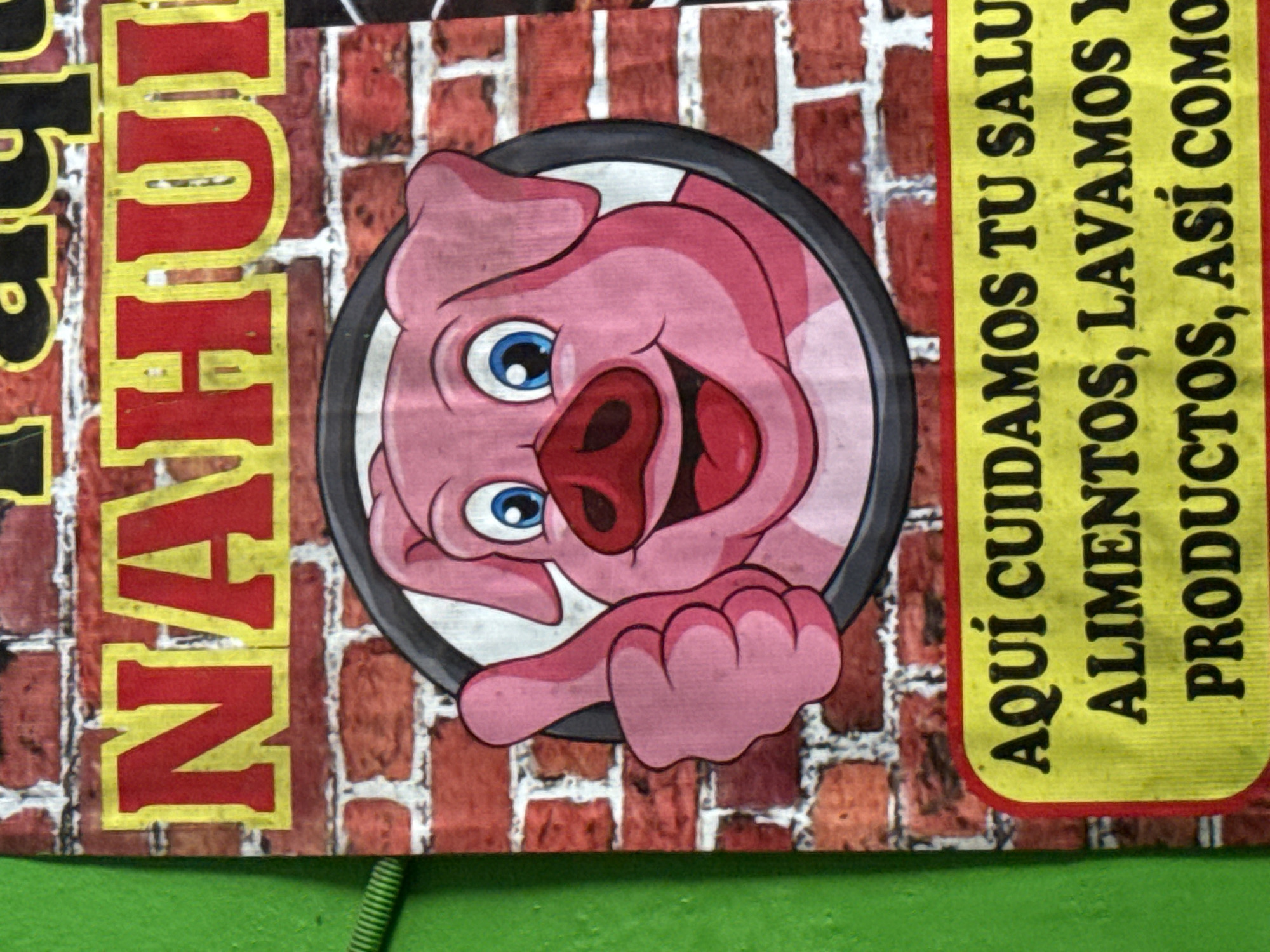 This is a photograph of a sign, likely in Cuetzalan, Mexico, due to the Spanish text. The sign has a background that resembles a brick wall. The word "NAHUÍ" is written vertically in bold red letters outlined in yellow on the left side of the sign. A cartoonish pig's head is in the center of the sign. The pig has pink skin, blue eyes, a large red nose, and a hand pointing forward. Text in yellow with black lettering is on the right side of the sign. The text reads, "AQUÍ CUIDAMOS TU SALU", "ALIMENTOS, LAVAMOS Y", and "PRODUCTOS, ASÍ COMO". The bottom of the sign is situated on a bright green surface.
