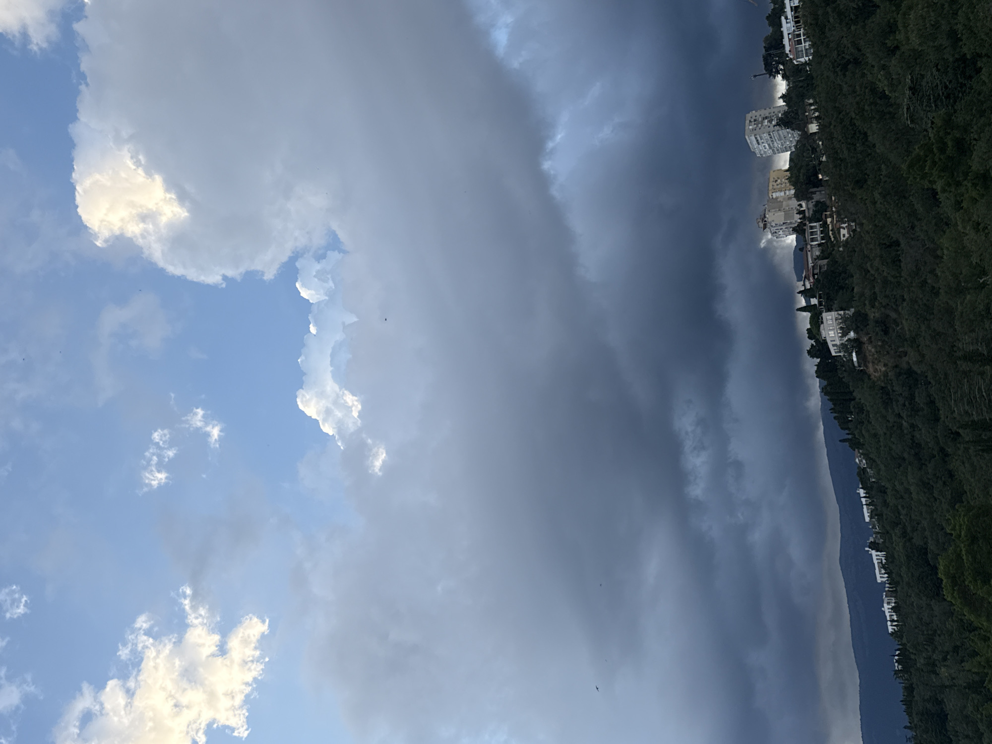 The image depicts a panoramic view of the city of Yalta, Ukraine, under a dramatic sky. The upper portion of the frame is dominated by a vast expanse of clouds, ranging from bright, sunlit formations to dark, ominous storm clouds. Several buildings, some appearing as modern multi-story structures and others as smaller residences, are visible nestled on a densely forested hillside. The trees are a deep green, characteristic of a Mediterranean climate. The architecture suggests a resort town, with white buildings often seen in such settings. The overall impression is one of a striking natural landscape juxtaposed with human habitation.