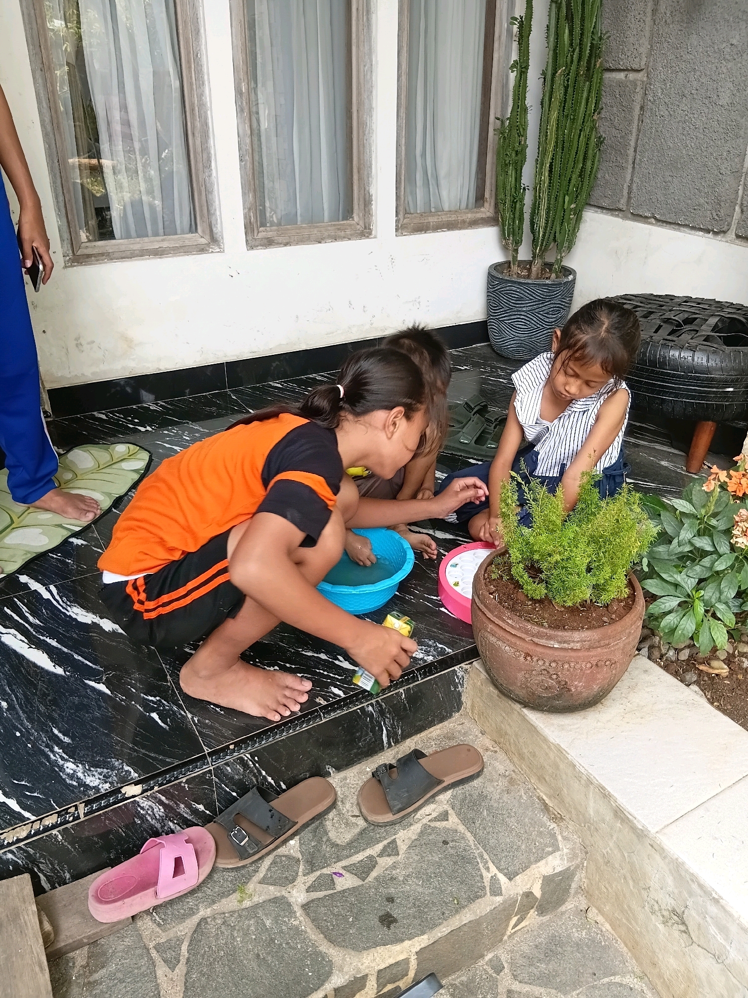 The image depicts a domestic scene on a tiled outdoor patio. Three young girls are interacting around a potted plant and a blue basin. One girl, wearing an orange and black shirt and black shorts with orange stripes, is crouched down, appearing to be engaged with the basin. Another girl, in a white and blue striped shirt, is seated and looking towards the potted plant. A third girl, partially visible from behind, is also seated. Various footwear, including pink and brown sandals, are scattered on the patio and adjacent stone steps. The background shows a white wall with two windows covered by white curtains, a tall potted cactus, and a tire. The tiled flooring exhibits a black and white marbled pattern. The overall impression is a casual outdoor play area. The prompt mentions the city of Cikal, Indonesia, which is a residential area within Sukabumi Regency, West Java, Indonesia.