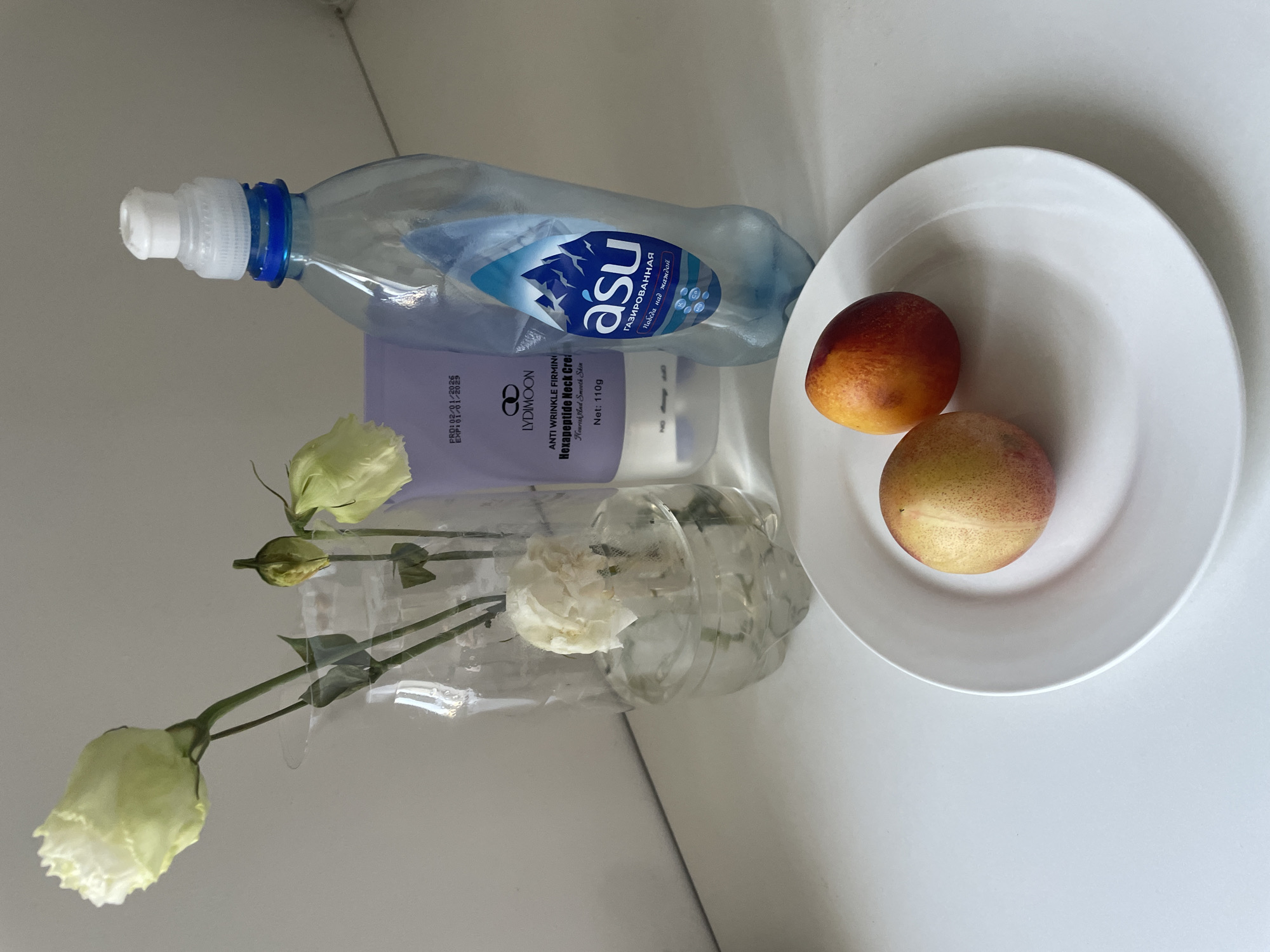 The image depicts a still life arrangement on a white, flat surface, likely a shelf or table. In the background, a clear plastic bottle, repurposed as a vase, holds a few light-colored flowers. To the right of the vase is a tube of cosmetic cream. Beside these items is a partially filled blue and clear plastic water bottle. In the foreground, two small, reddish-yellow fruits, possibly nectarines or peaches, rest on a white plate. The overall lighting suggests an indoor setting, possibly a home or studio, with soft, ambient light illuminating the scene. No specific urban or natural landmarks of Almaty, Kazakhstan are visible.