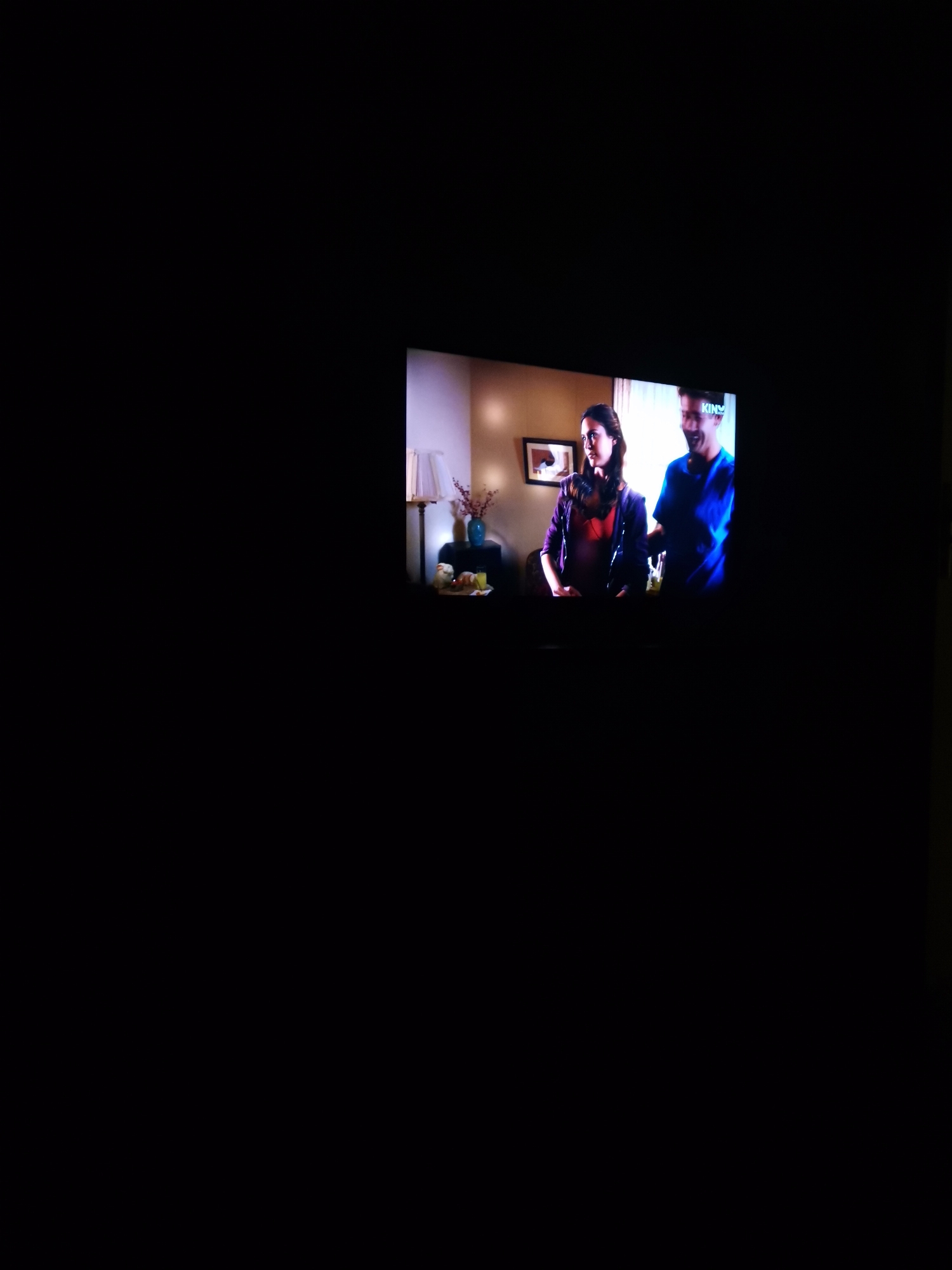 A television screen, occupying the upper right portion of the frame, displays an indoor scene featuring two individuals. The surrounding area of the image is completely dark.
On the screen, a woman with long dark hair stands on the left, wearing a dark purple jacket over a reddish top. She is looking slightly to her right with a neutral or contemplative expression. Next to her, on the right, a man with short dark hair is visible, wearing a blue t-shirt. He is smiling and appears to be looking towards the woman.
The setting appears to be a domestic interior, possibly a living room. Behind the woman, a framed picture hangs on a light-colored wall, and a table lamp with a cream-colored shade is visible further left. Below the picture, on a dark surface, a blue vase filled with reddish-brown decorative elements is present, along with some small, light-colored objects that could be snacks or decorative items. Behind the man, a bright window or light source illuminates the background.
The activity involves the two individuals standing and interacting, possibly engaged in conversation. The time of day appears to be daytime, suggested by the window light, though the indoor lighting creates a warm ambiance. In the top right corner of the television screen, partially visible white text spells out "KINY" or a similar word, likely a channel identifier or on-screen graphic. No other text is discernible.