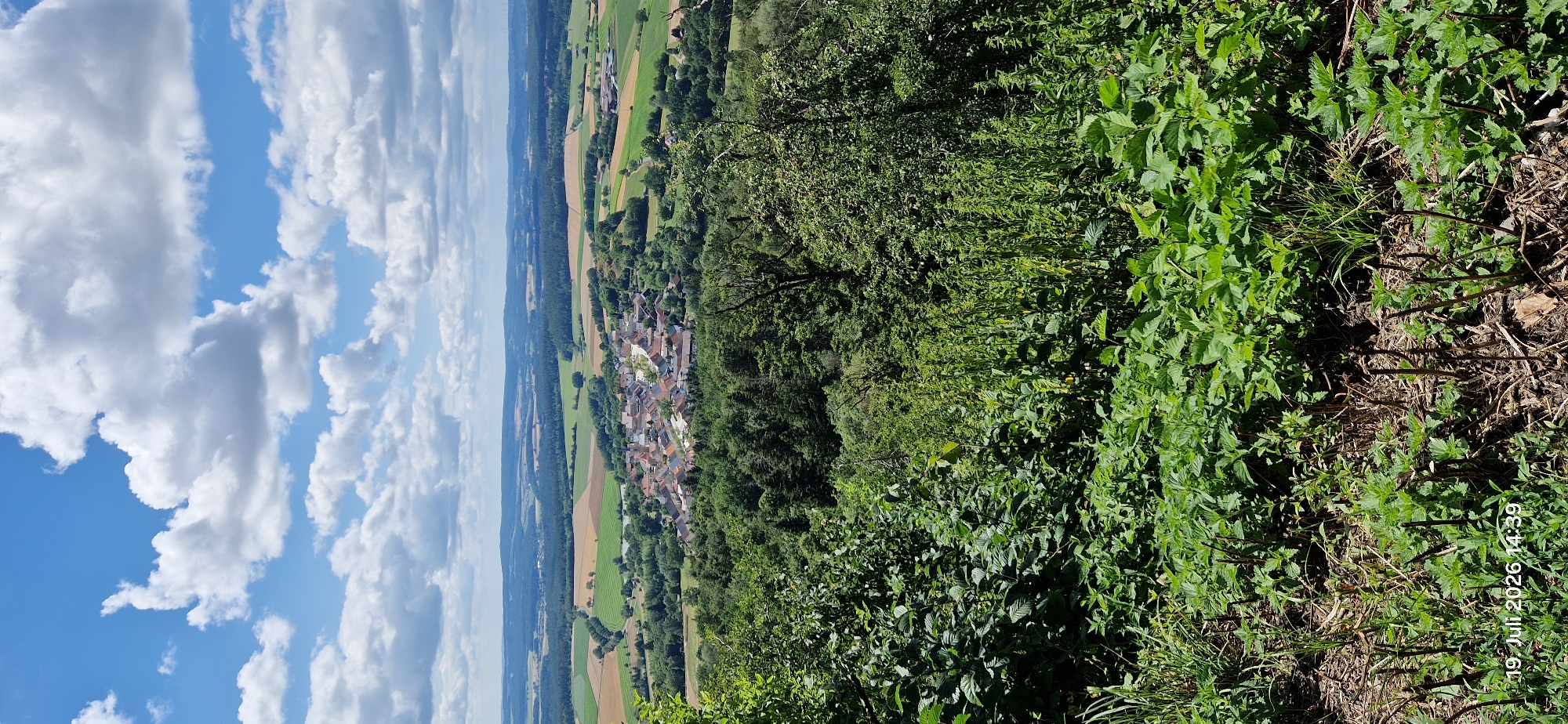 A landscape view from a high vantage point shows a rural village nestled in a valley surrounded by rolling hills and agricultural fields under a cloudy sky. The foreground is dominated by lush green vegetation, including dense bushes and plants. In the mid-ground, the village, identifiable as Neustadt am Kulm, Germany, displays a cluster of buildings with red-tiled roofs. The surrounding landscape features a patchwork of fields in various shades of green and brown, interspersed with dark green forests. The sky above is a bright blue with scattered white and grey clouds, indicative of daytime. A timestamp in the lower-left corner reads "19 Juli 2026 14:39". No people or specific actions are visible in the image.