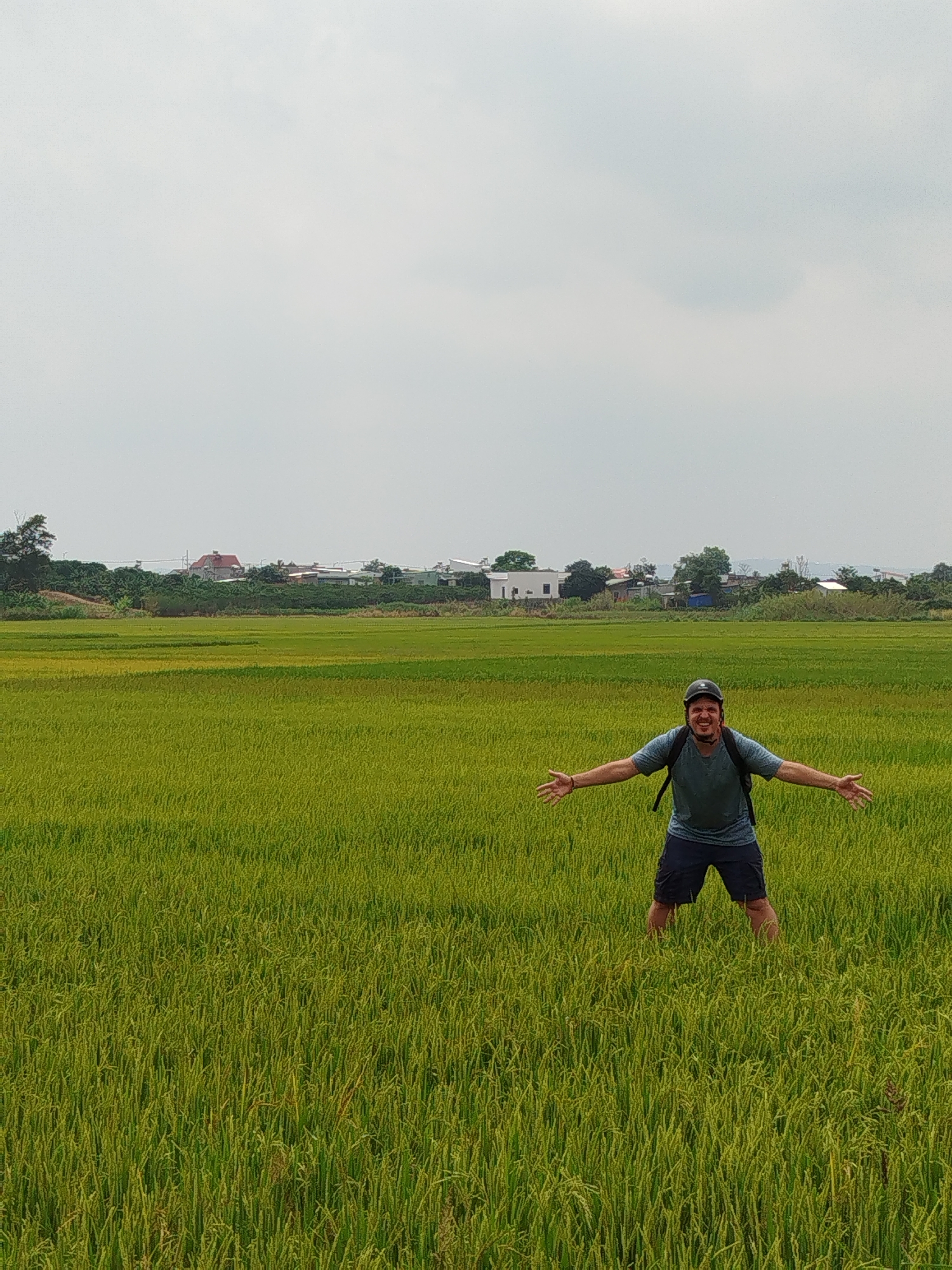 A man stands in a vibrant green rice field, arms outstretched, facing the viewer. He is wearing a blue t-shirt, dark shorts, and a black helmet, with a backpack visible on his shoulders. The rice field stretches out around him, with the rice stalks reaching approximately knee-height. In the background, there are some scattered buildings and trees. The sky overhead is overcast and grey. The location is Tân Đà, Vietnam.