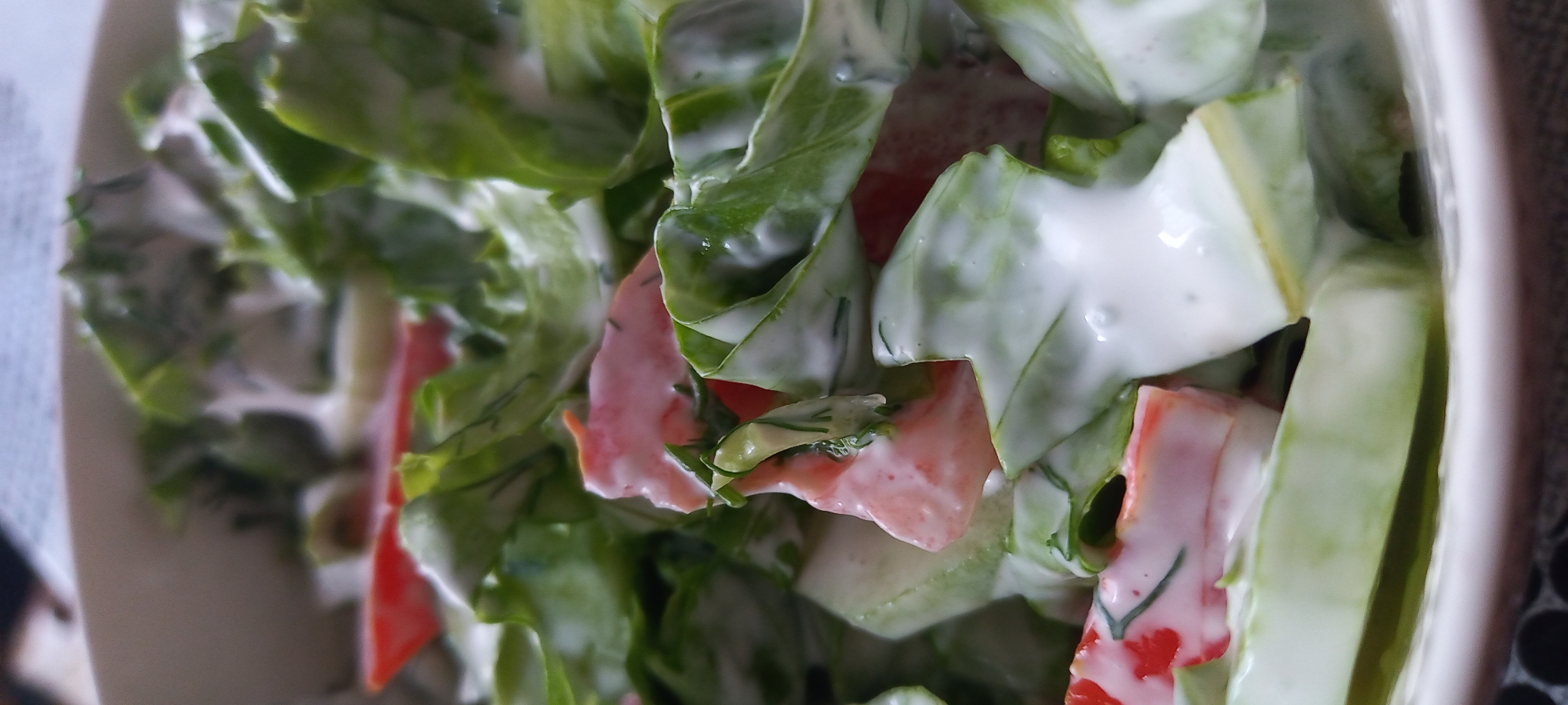 The image presents a close-up, slightly elevated view of a fresh salad contained within a light-colored, possibly white or cream-colored, ceramic bowl. The salad consists of visibly crisp, bright green leafy vegetables, likely lettuce, some showing ruffled edges, generously coated in a thick, opaque white or off-white creamy dressing. Interspersed among the greens are chunks of red or pinkish-red vegetables, possibly tomatoes or bell peppers, also covered in the same dressing. Pale green slices, consistent with cucumber, are visible, particularly towards the bottom and front of the bowl. Small, darker green fragments, suggestive of chopped fresh herbs like dill, are clinging to various salad components. The dressing appears uniformly distributed, adhering to the surfaces of the vegetables and pooling slightly in crevices. The background is shallowly focused, showing blurred lighter tones in the upper left and a dark, indistinct pattern in the lower right beneath the bowl's rim. No people, discernible actions, or specific environmental features identifying a city or country are present.