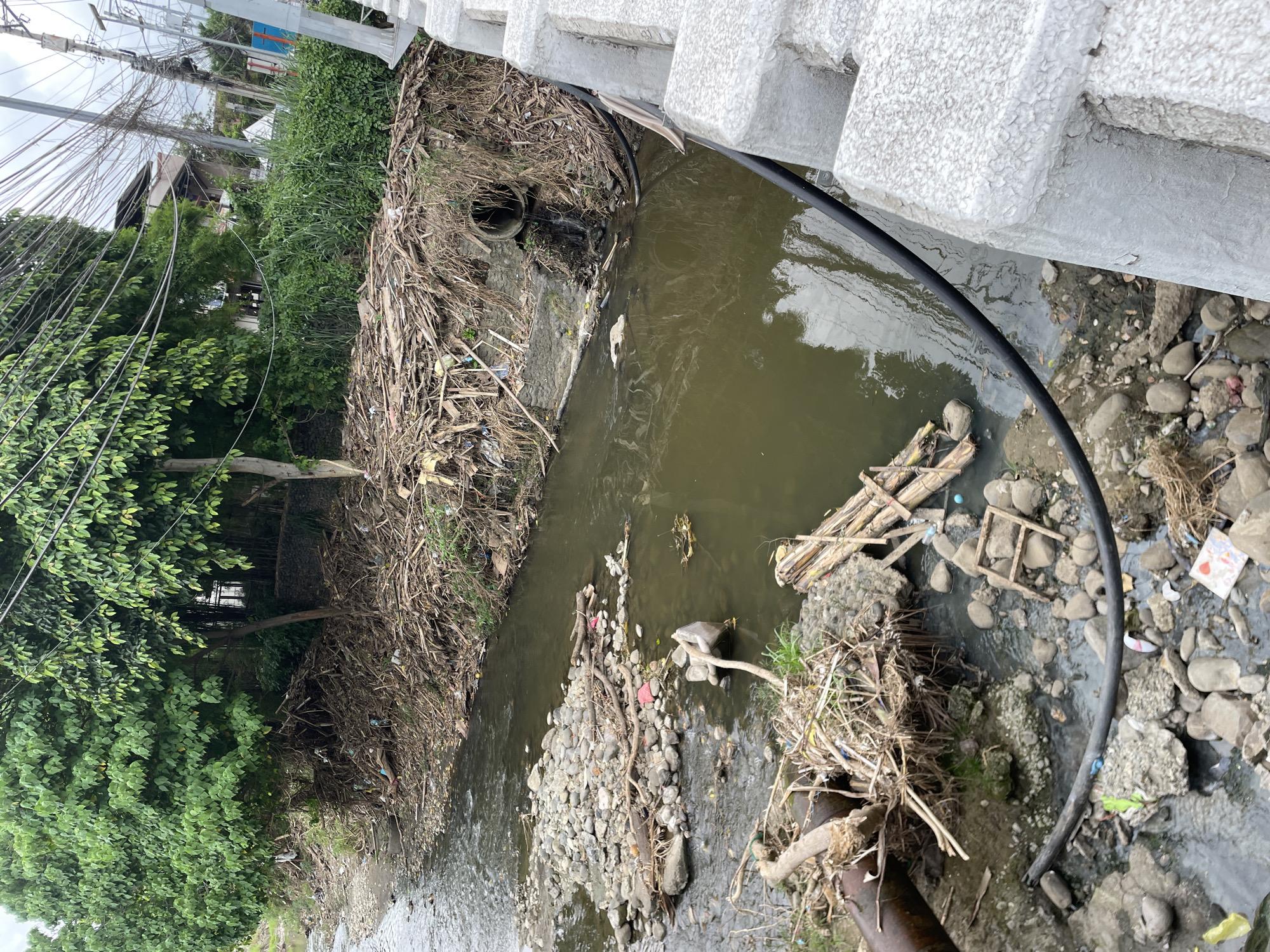 The image depicts a polluted riverbank in Davao City, Philippines, characterized by a substantial accumulation of debris. The river itself is murky and contains scattered garbage, including plastic bottles, bags, and other refuse. Along the banks, large piles of branches, leaves, and miscellaneous waste are visible, creating an unsanitary environment. A concrete bridge structure is present in the foreground, partially obscuring the view of the river. A large pipe is seen entering the river from the bank, contributing to the pollution. The overall scene suggests a lack of proper waste management and environmental care in the area.