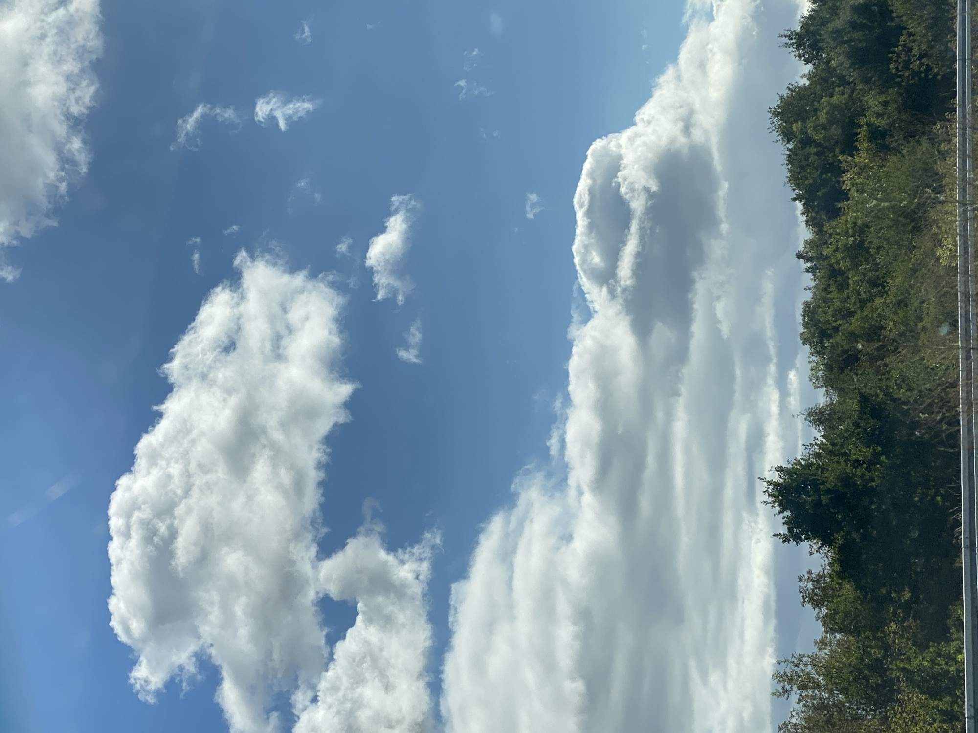 The image shows a view of the sky with scattered clouds above a dense line of trees. The sky is blue with varying shades of white and gray clouds, some of which are large and puffy, while others are thinner and more wispy. The trees form a dark green canopy across the bottom portion of the image, with the foliage appearing thick and varied. There is no visible indication of the city of Heringen/Helme, Germany in the image.