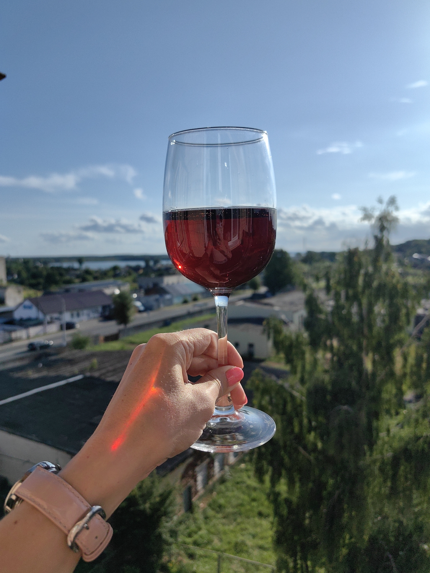 A hand with bright pink fingernails holds a wine glass filled with red wine. The glass is positioned in the foreground against a blurred background of a city with buildings, trees, and a body of water under a bright blue sky with scattered clouds. The hand is wearing a light pink watch. A red light streak is visible on the back of the hand, suggesting it is a reflection or lens flare. The scene appears to be outdoors, possibly on a balcony or elevated vantage point, offering a view of the town of Myadzyel, Belarus.