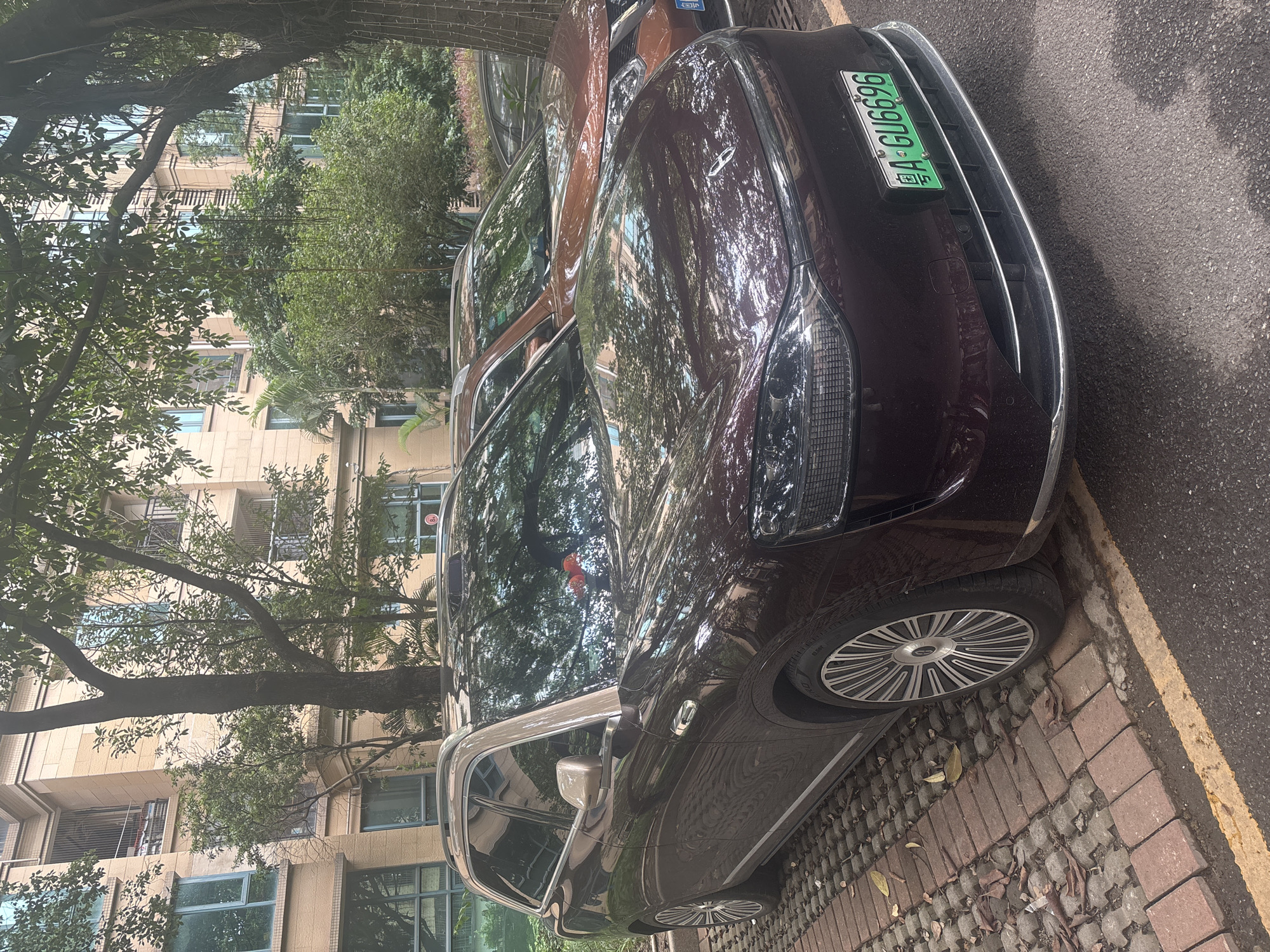 The image shows a dark maroon electric vehicle parked on a cobblestone surface next to a paved road in Nanhai District, China. The car has a beige roof and side mirrors, and distinctive silver alloy wheels. A green license plate with Chinese characters and the alphanumeric code "A GU6696" is visible on the front of the vehicle. Behind the car, an orange SUV is parked. In the background, there is a multi-story building with tan-colored facades and balconies, partially obscured by the lush green foliage of trees and other plants. The scene appears to be in a residential or parking area.