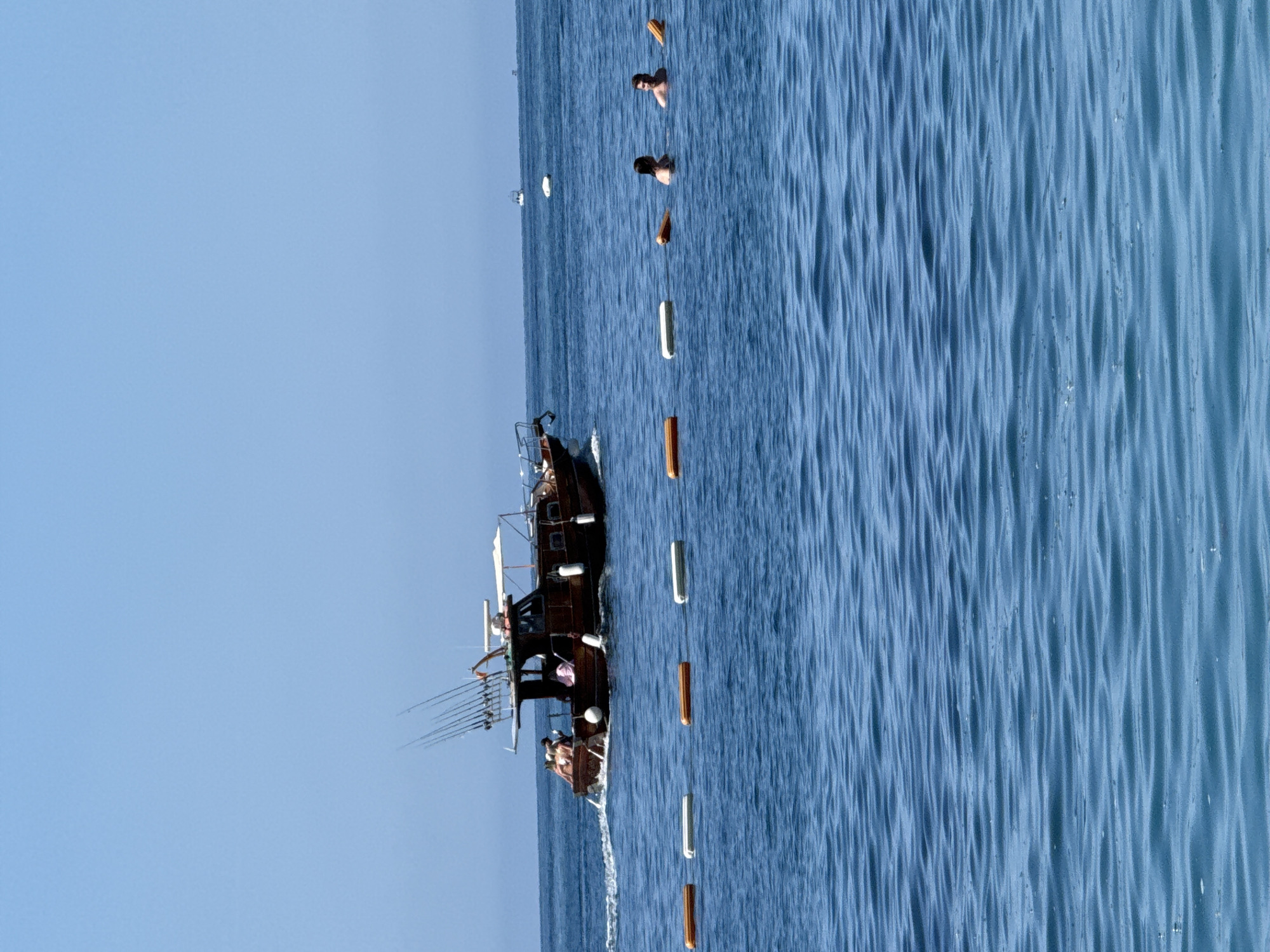 The image displays a clear blue sky above a vast expanse of deep blue ocean water with subtle surface ripples, located in Boreti, Montenegro. In the midground, a dark-hulled boat, equipped with multiple fishing rods vertically mounted on its stern and what appears to be radar or communication equipment on its canopy, moves from left to right, leaving a wake. Several individuals are visible on the stern of the boat. In the foreground, a line of oblong buoys floats on the water, alternating in color between orange and white, acting as a demarcation line. To the right of these buoys, two individuals, a male and a female, are partially submerged in the water, with their heads and shoulders visible, appearing to be swimming or treading water. In the far distance, several smaller vessels are faintly visible on the horizon.