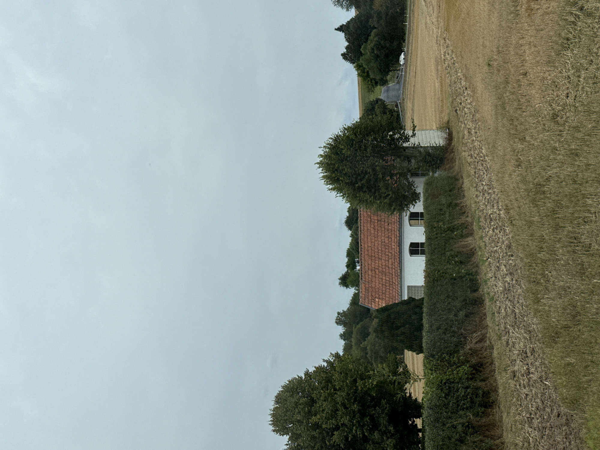 The image depicts a rural landscape in Hohenstein, Germany, under a cloudy sky. In the foreground, dry, harvested fields stretch out, with remnants of straw and cultivated earth visible. A dense green hedge runs horizontally across the middle ground, separating the fields from a white building with a red-tiled roof. This structure appears to be a house, with visible windows. To the left of the house, a large, mature tree stands, its foliage a deep green. To the right of the house, a smaller tree with lighter green leaves is present. Further in the background, a road winds uphill, bordered by trees and fields. A white car is parked on the side of the road. The overall impression is one of a quiet, pastoral setting in the German countryside.