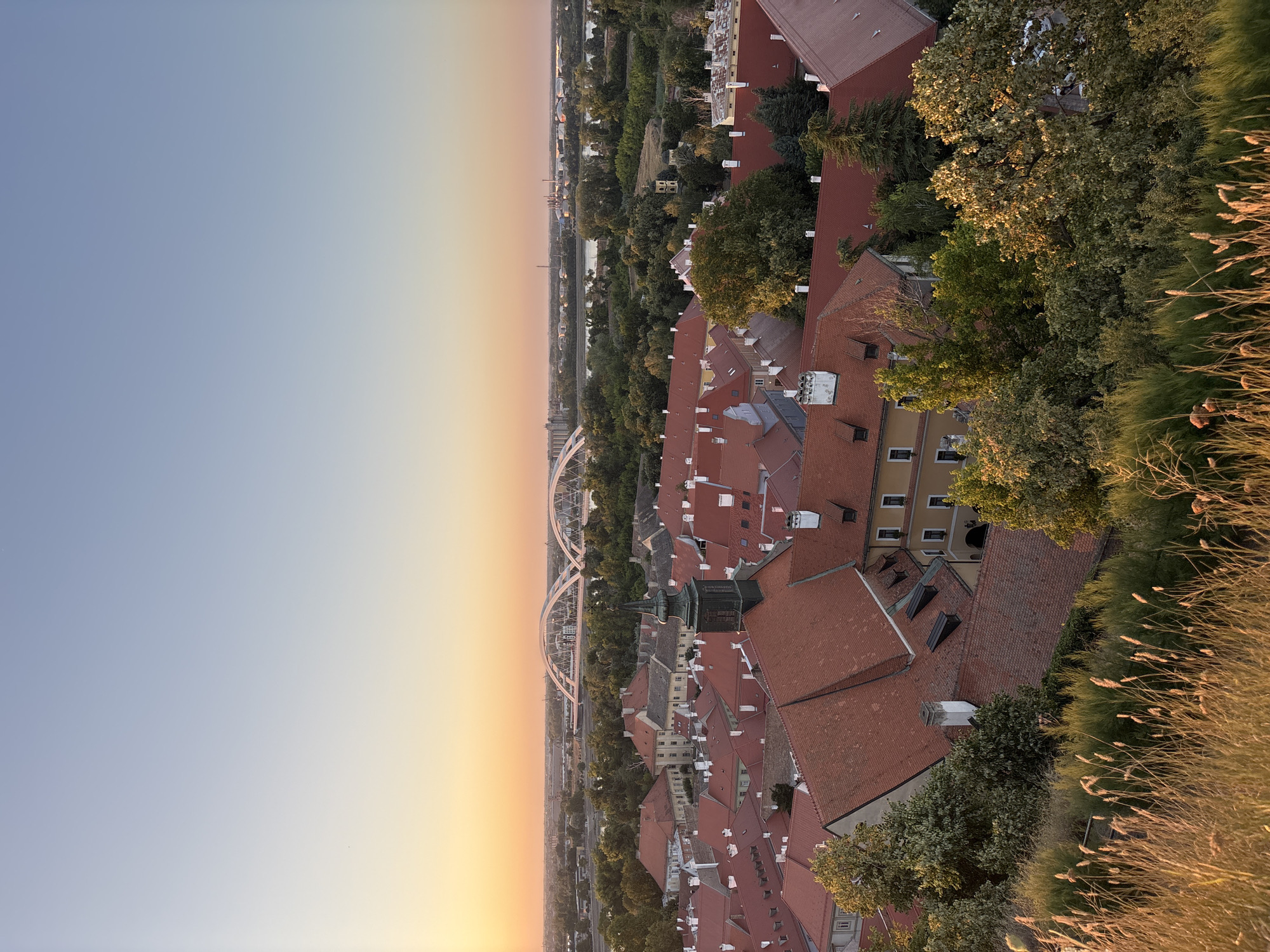 The image is an aerial view of Petrovaradin, Serbia, overlooking the city during sunset. In the foreground, dry grass and vegetation are illuminated by the setting sun. The middle ground is filled with the terracotta rooftops of buildings, characteristic of European architecture. A prominent church steeple with a dark green spire rises from amidst the buildings. In the background, a wide river, likely the Danube, separates Petrovaradin from the city of Novi Sad. A modern, arched white bridge spans the river. Beyond the river, the skyline of Novi Sad is visible, with industrial structures and more trees. The sky is a gradient of soft blues and oranges, indicating the end of the day. No people or specific actions are discernible in the image.