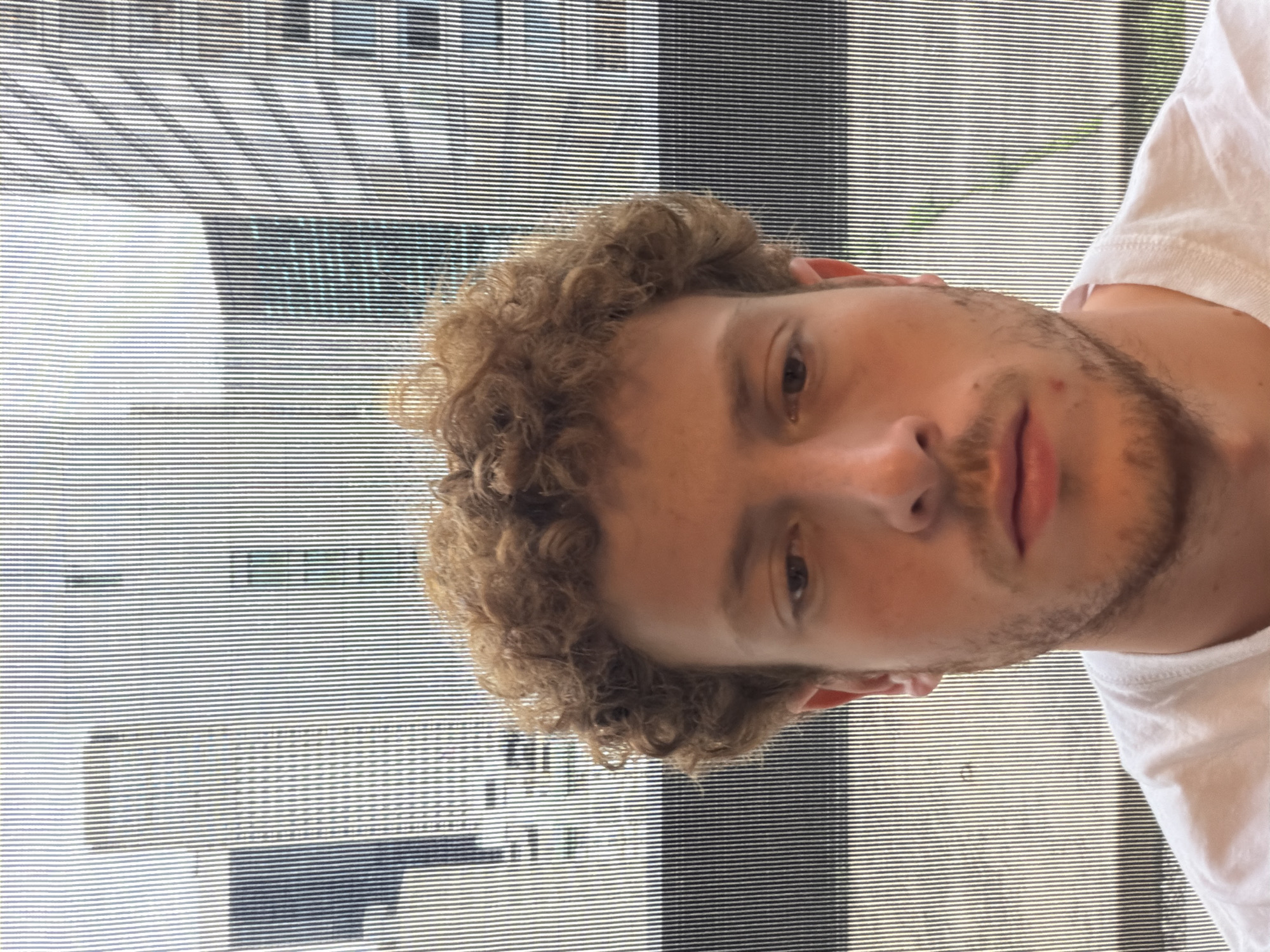 A medium close-up shot features a young white male with curly brown hair and a light beard, positioned at an angle. He is wearing a white shirt. Behind him, a window with horizontal blinds is visible, partially obscuring an exterior scene. The location of the photo is in an interior with light coming in from the outside. Due to the presence of blinds and the exterior scene it's possible that the location is an office or a residential area in a building, likely within New York City.