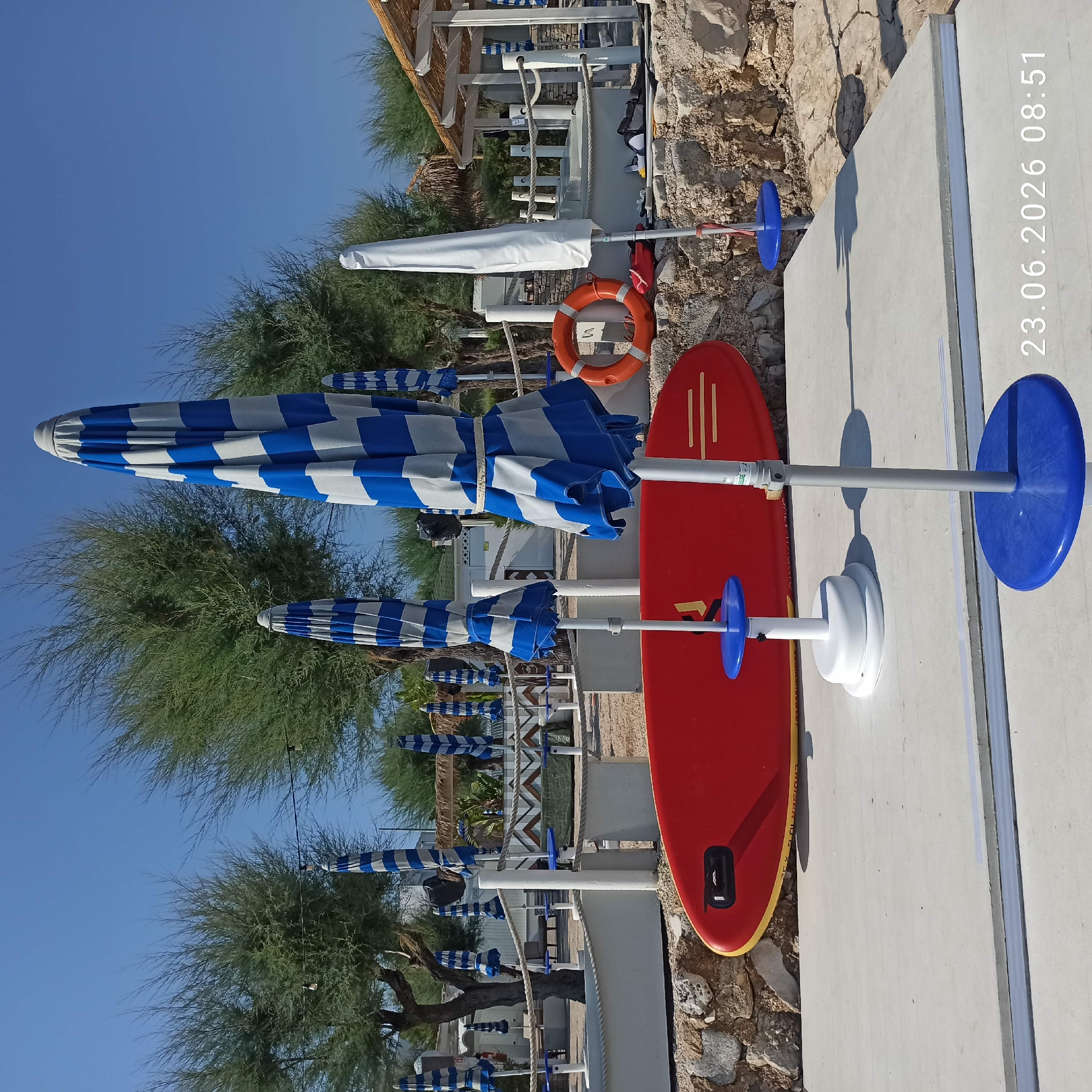 The image depicts an outdoor scene, likely a beach or resort area, in Molfetta, Italy, on June 23, 2026, at 8:51 AM. In the foreground, a bright red stand-up paddleboard rests on a concrete platform. Several closed beach umbrellas are visible, predominantly with blue and white stripes, along with one white umbrella. The umbrellas are supported by metallic poles with blue bases. Behind the umbrellas, a low stone wall separates the platform from a sandy area. Beyond the wall, a white fence with a rope railing encloses a section of the area. Several trees with sparse, green foliage are scattered throughout the scene. In the background, there are some small structures, possibly changing rooms or concessions, with thatched roofs. The sky is clear and blue. No people are visible in the image.
