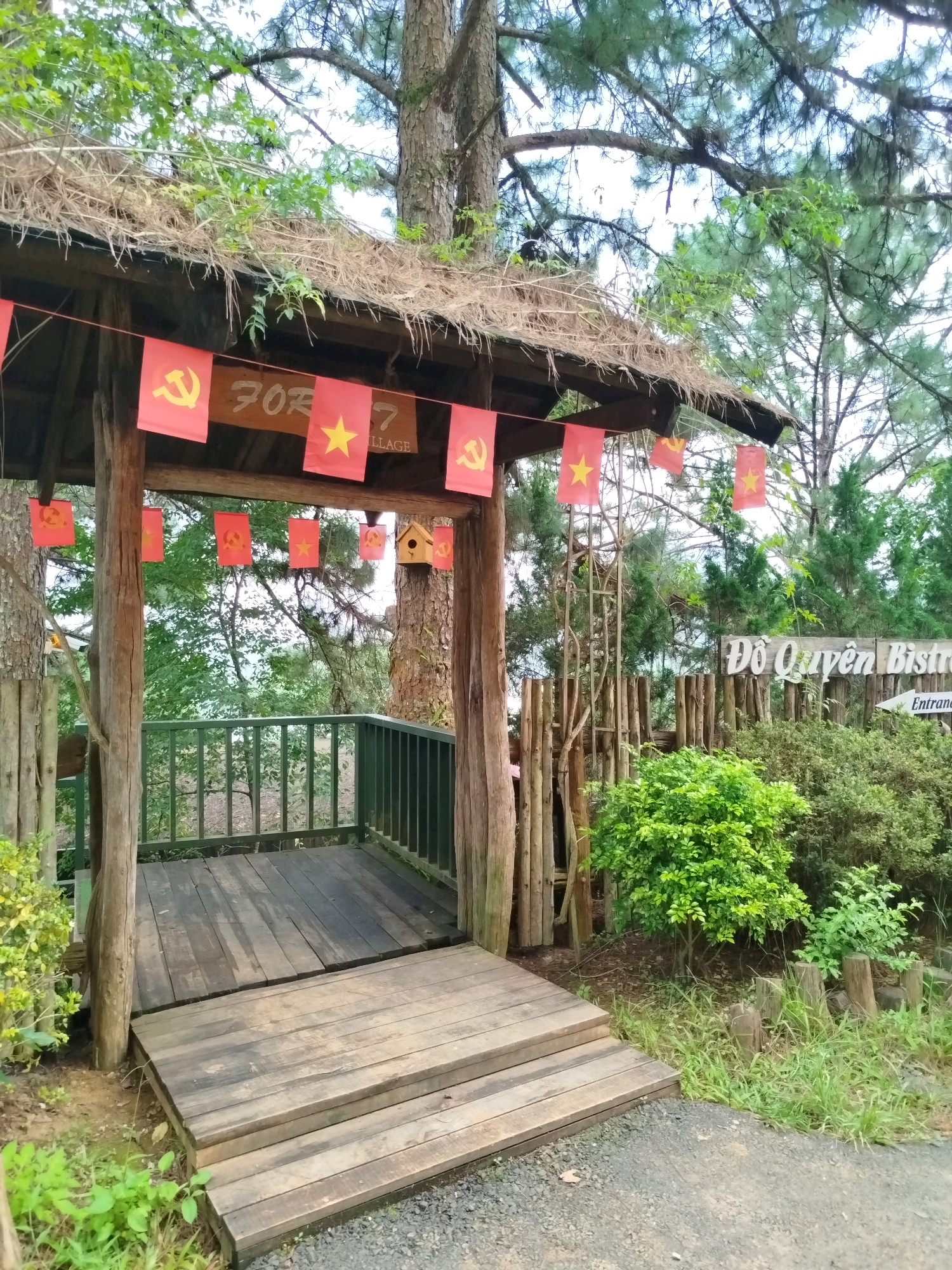 The image shows a rustic wooden structure with a thatched roof, likely an entrance or a small pavilion, in a natural, outdoor setting with pine trees and lush greenery. Red flags with yellow stars and hammers and sickles are hung across the front of the structure, suggesting a Vietnamese or communist theme. A wooden sign with Vietnamese lettering, "ĐỖ Quyên Bistro," and an arrow pointing to "Entrance" is visible to the right. The ground is covered with gravel and grass, and the overall atmosphere is one of a tranquil, possibly tourist-oriented location. The presence of the Vietnamese flags and the bistro sign suggests this location is in Vietnam, likely in a mountainous or natural area given the pine trees. Da Lat, known for its pine forests and French colonial architecture, is a plausible location for such a scene. There are no people visible in the image.
