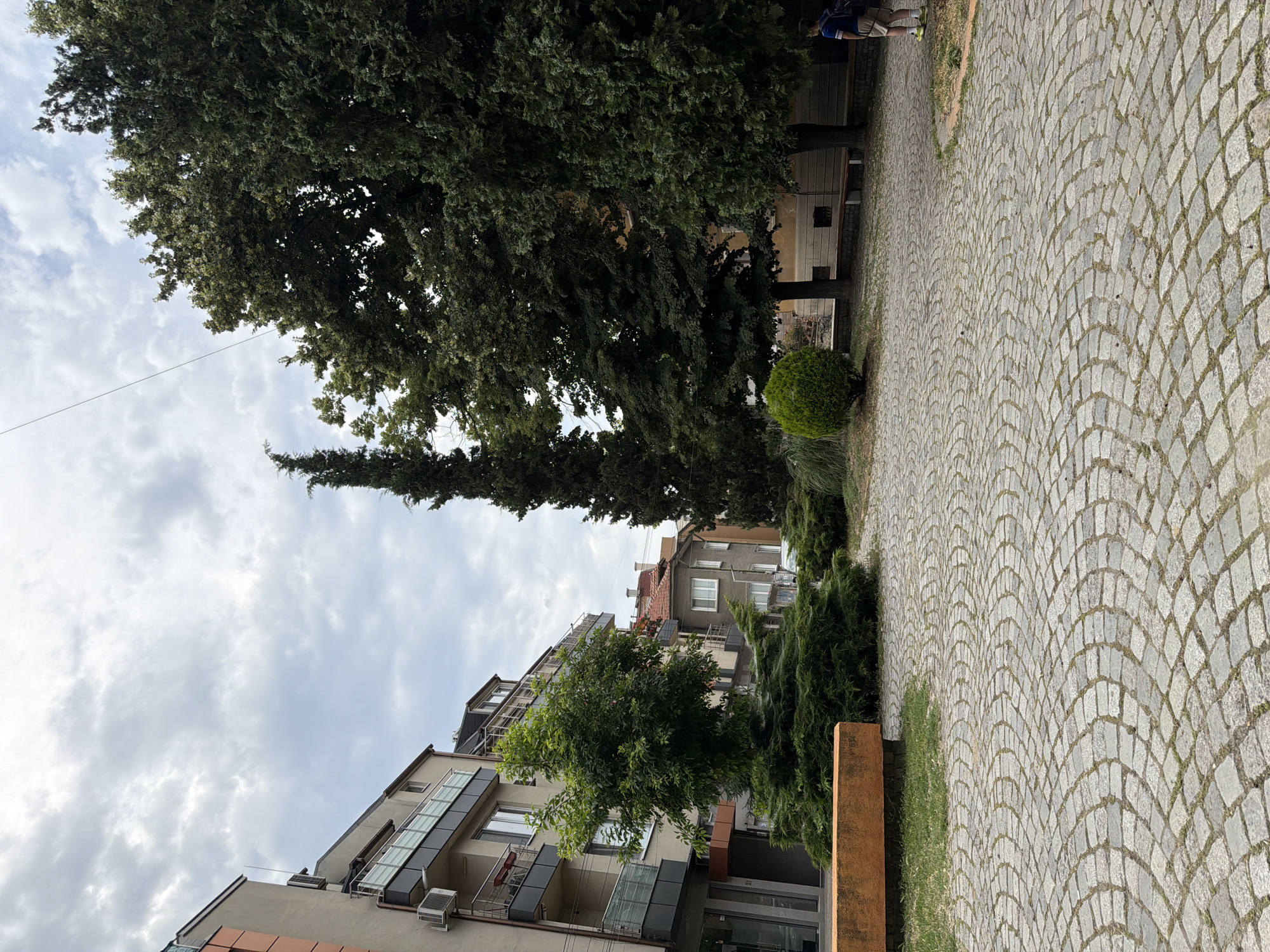 The image shows a pedestrian area with cobblestone paving, located in the city of Pazardzhik, Bulgaria. In the foreground, the cobblestones are laid in a circular pattern. To the left, a concrete bench with an orange top is visible, with green grass next to it. Behind the bench, there is a small evergreen bush and a larger tree.
Further back, a modern building with balconies and air conditioning units is situated on the left side of the frame. To the right of this building, there are older buildings with tiled roofs. A cluster of tall trees, including a cypress tree, dominates the right side of the image, creating a natural backdrop.
In the far right of the image, a person is standing, facing away from the camera, wearing shorts, a t-shirt, and a backpack. They are standing on the cobblestone path. The sky is overcast with clouds. The overall scene depicts an urban outdoor space with a mix of modern and older architecture, and natural greenery.