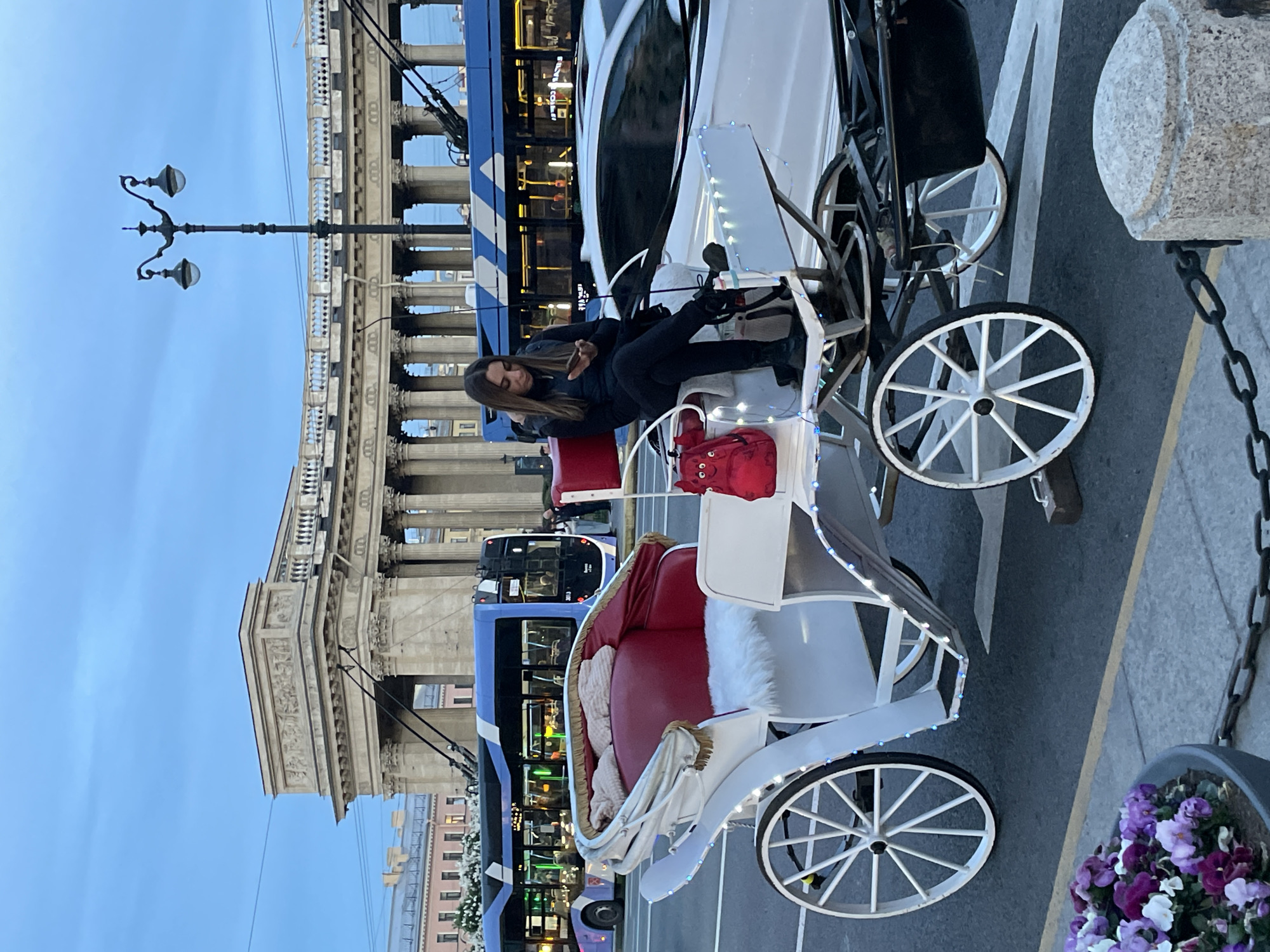 The image displays a young woman seated in a decorative white carriage on a city street in Saint Petersburg, Russia, during what appears to be dusk or early evening. The woman, with long brown hair and dressed in dark attire, is looking down at her hands or a device, appearing relaxed.
The elaborate carriage features red upholstered seats, a white faux fur throw, and is adorned with small blue and white LED lights. A distinctive bright red handbag with white cartoon eyes rests on the seat next to the woman. The carriage has four white-spoked wheels and a black frame.
In the background, a grand classical building with numerous columns, intricate carvings, and a balustraded roofline dominates the scene, reflecting typical St. Petersburg architecture. Above the building, the sky is a clear, light blue. A traditional black lamppost with two lamps stands silhouetted against the sky.
On the street behind the carriage, a modern white car is partially visible, alongside a blue and white public bus, possibly a trolleybus, with overhead power lines. The street is asphalt with white road markings. In the foreground to the right, a grey stone bollard or barrier with a heavy chain is present, next to a planter containing purple and white flowers. Some Cyrillic text is faintly visible on the bus, but it is not clearly legible. The scene combines historical elegance with urban activity.