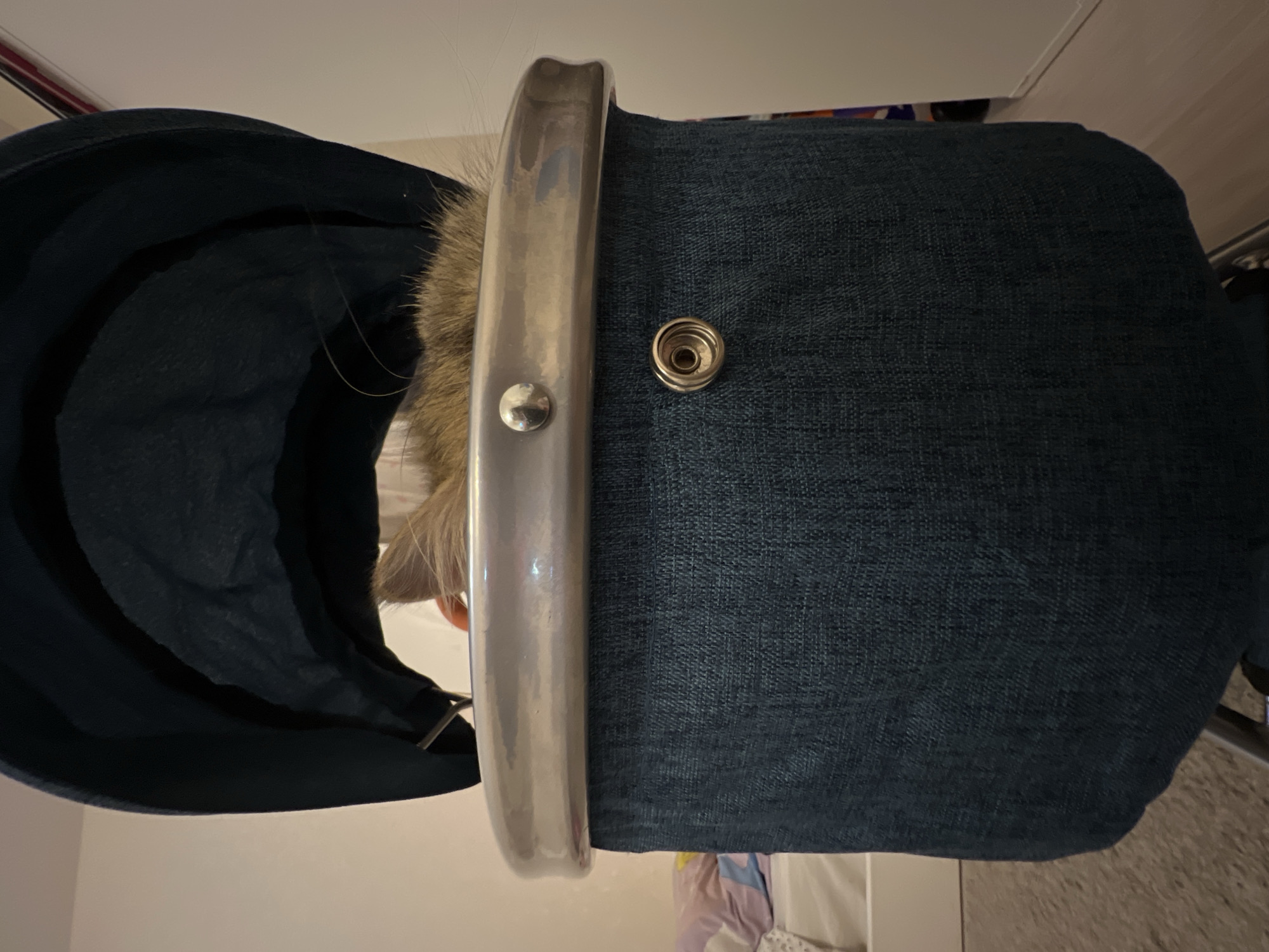 A pet carrier is positioned vertically in the frame, likely on a flat surface. The carrier is primarily blue with a silver metal frame. There is a dark blue hood attached to the side, and two metal studs are visible on the carrier, one on the frame and the other on the blue fabric. Part of a cat is visible inside the carrier, with its fur and a portion of its head peeking out. The background includes a white surface and a glimpse of other objects. The image doesn't contain enough information to pinpoint the location in Yekaterinburg, Russia.