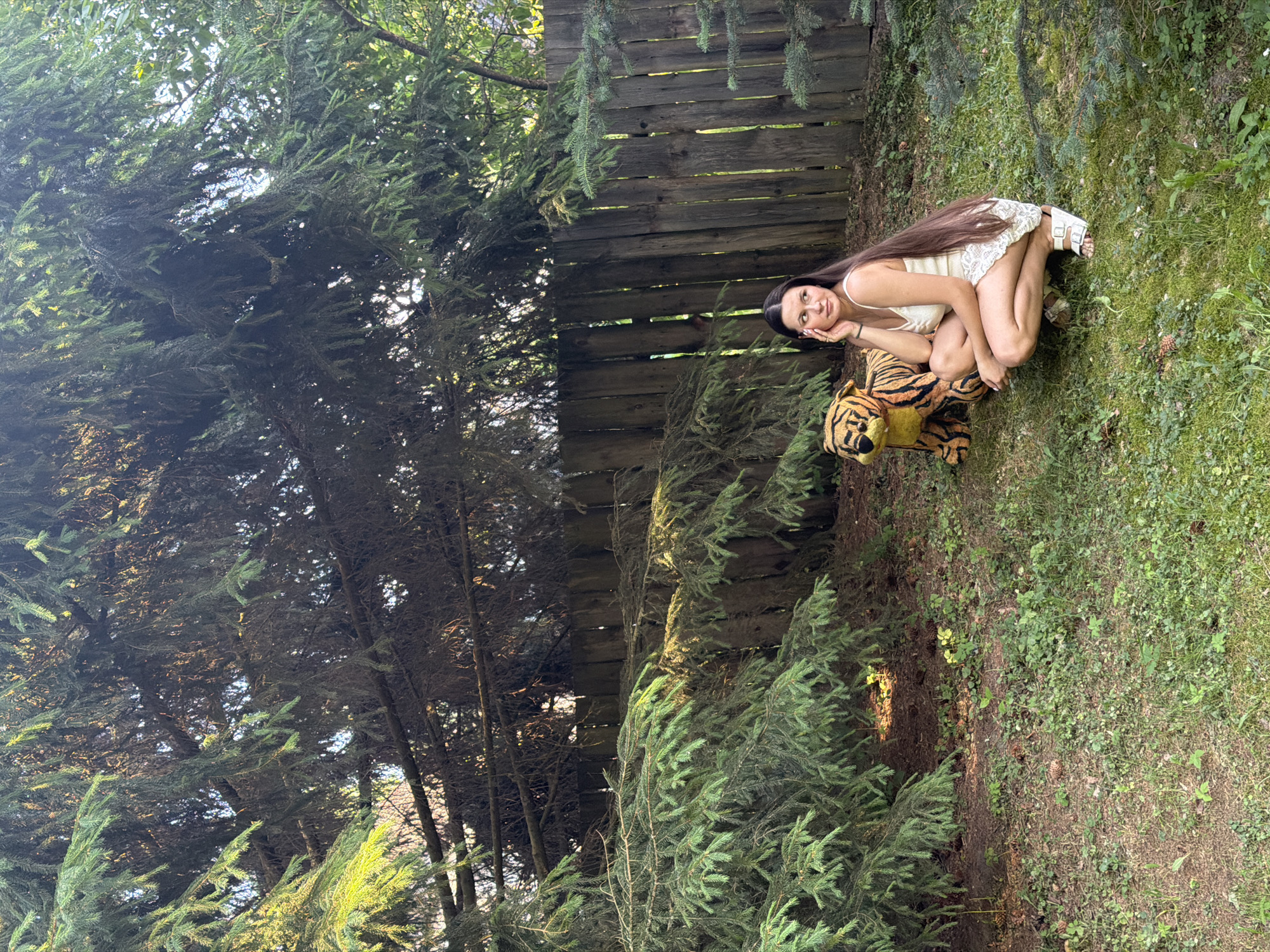 A young woman with long, dark hair is crouching in a grassy yard next to a stuffed tiger. She is wearing a white tank top and a white lace skirt. The woman is looking off to the side with her hand on her cheek. The stuffed tiger is sitting to her left, facing away from the camera. The yard is surrounded by a wooden fence and large evergreen trees. The ground is covered in grass, dirt, and pinecones. The lighting suggests it is daytime, likely afternoon, with sunlight filtering through the trees. The location is described as the city of Krasny Mayak, Russia.