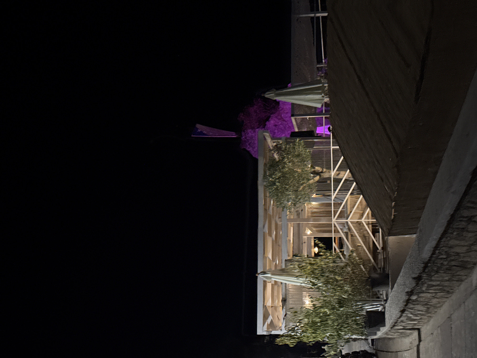 At night, a modern open-air restaurant with a white roof and bamboo-like fencing is illuminated by purple lights. Several potted plants and trees are placed around the restaurant. A white umbrella is visible on the right side of the restaurant. In the background, a rock formation is lit with purple lights and a flag is displayed on a pole. The scene is located in Budva, Montenegro.