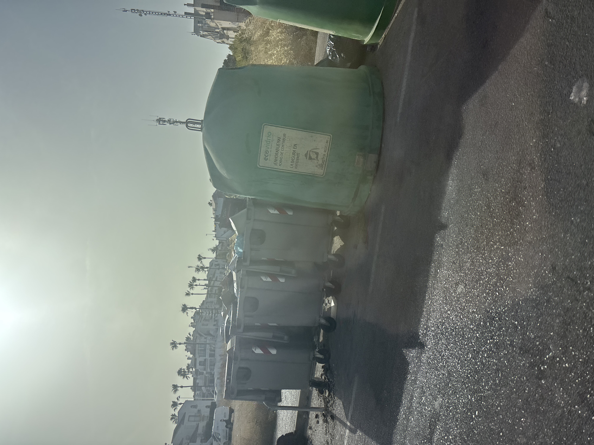 The image shows a line of large, gray, wheeled trash bins in an outdoor urban setting. To the right of these bins is a large, green, igloo-shaped recycling bin for glass, with "ecovidrio" and other Spanish text printed on a white sticker on its front. The recycling bin also has a symbol for recycling glass. Behind the bins, there are buildings with palm trees in front of them, suggesting a warm climate. The ground in front of the bins is paved and appears wet, with some debris scattered on it. The sky is bright and overcast. There are no people visible in the image.
