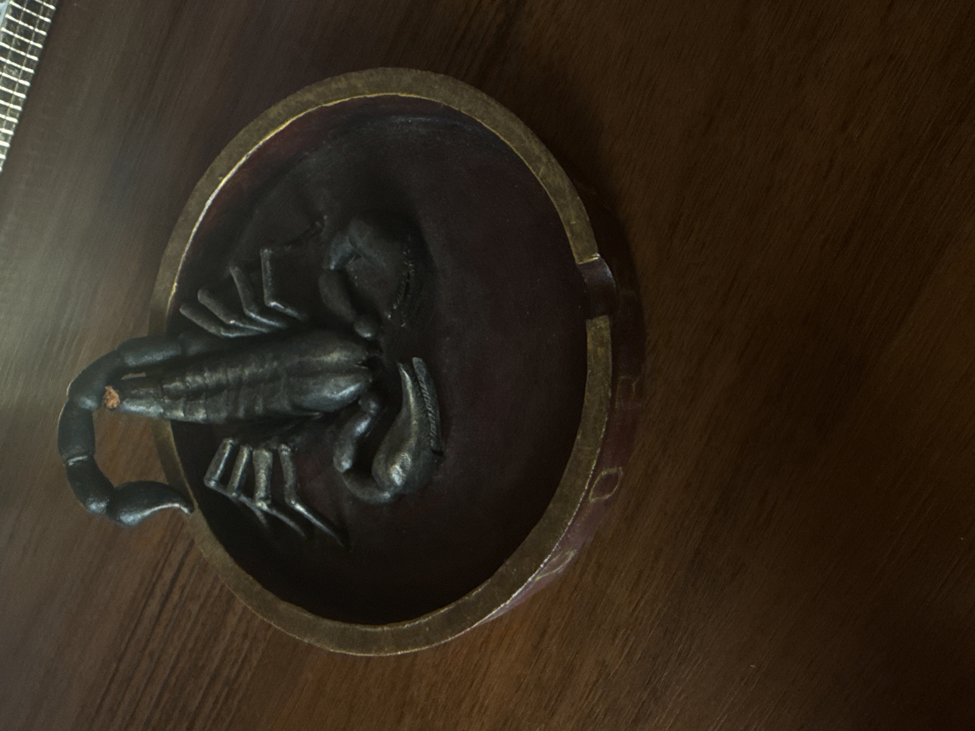 The media file presents a close-up, slightly angled top-down view of a decorative object, likely an ashtray or a small dish, resting on a dark, textured wooden surface. The main subject is a dark, intricately sculpted scorpion figurine, which is either embedded within or forms the central element of the round dish. The scorpion is metallic or has a metallic finish, displaying detailed segments on its body, legs, pincers, and a prominent curved tail with a stinger.
The dish itself has a dark, reddish-brown interior and a worn, gold-colored metallic rim that encircles the entire edge. The wooden surface beneath the object shows a distinct grain pattern, suggesting it is a piece of furniture like a table or shelf. To the far left of the frame, a blurred metallic, grid-like structure is partially visible, hinting at another object or architectural detail in the background, such as a vent or grill.
The setting appears to be indoors, under soft lighting which creates subtle reflections on the scorpion and the golden rim. No people are present, and there is no activity taking place. The image is a still life, focusing on the textures and forms of the decorative items. There is no visible text in the image.