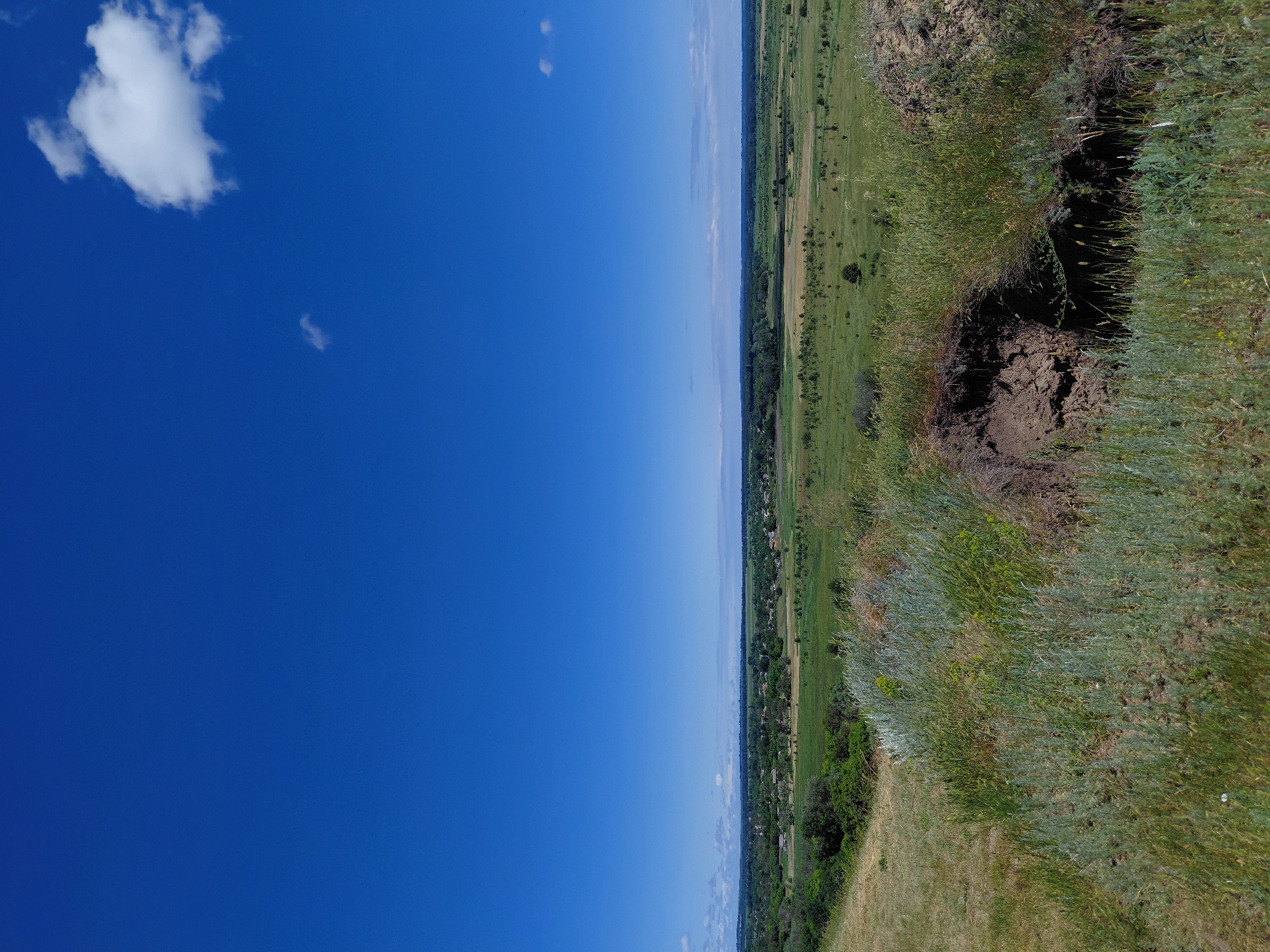 The image depicts a panoramic view of a rural landscape under a bright blue sky with a few scattered white clouds. In the foreground, a grassy slope with some dry, wispy vegetation and a dark, eroded pit is visible. Beyond this, a village with scattered houses and trees stretches across a verdant plain. The horizon is marked by a distant line of trees and the faint outline of hills. The scene is consistent with a view from a hillside overlooking the village of Ustyvytsia, Ukraine, on a clear day. There are no people or discernible actions taking place in the image.