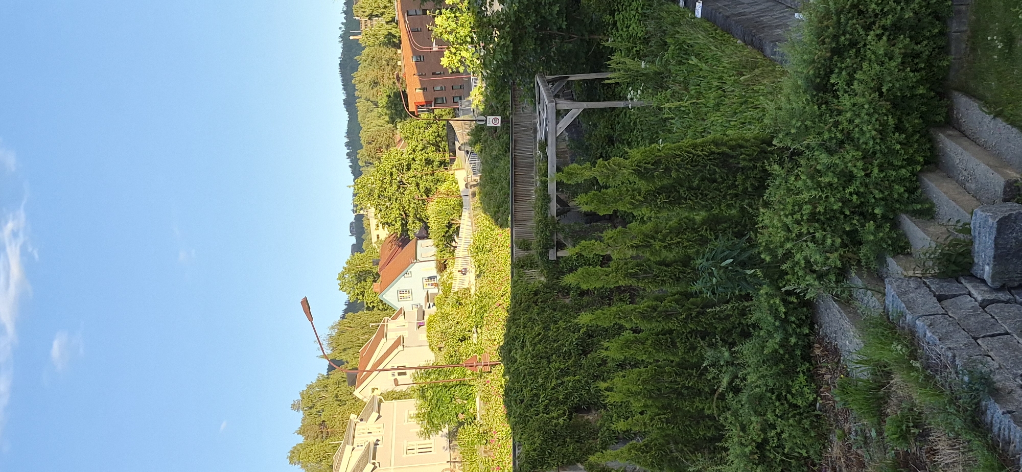 The image shows an outdoor scene with residential buildings in the background and a garden in the foreground. A street light is visible on the left side of the image. Several houses with red and white roofs are nestled amongst lush green trees. A wooden pergola stands in the middle of the garden, surrounded by various plants and small evergreen trees. A traffic sign indicating a speed limit of 30 is visible on a pole in the garden. The sky is clear blue with a few white clouds. The foreground consists of a stone wall and concrete steps leading up into the garden. The lighting suggests it is late afternoon or early evening, with the sun casting long shadows.