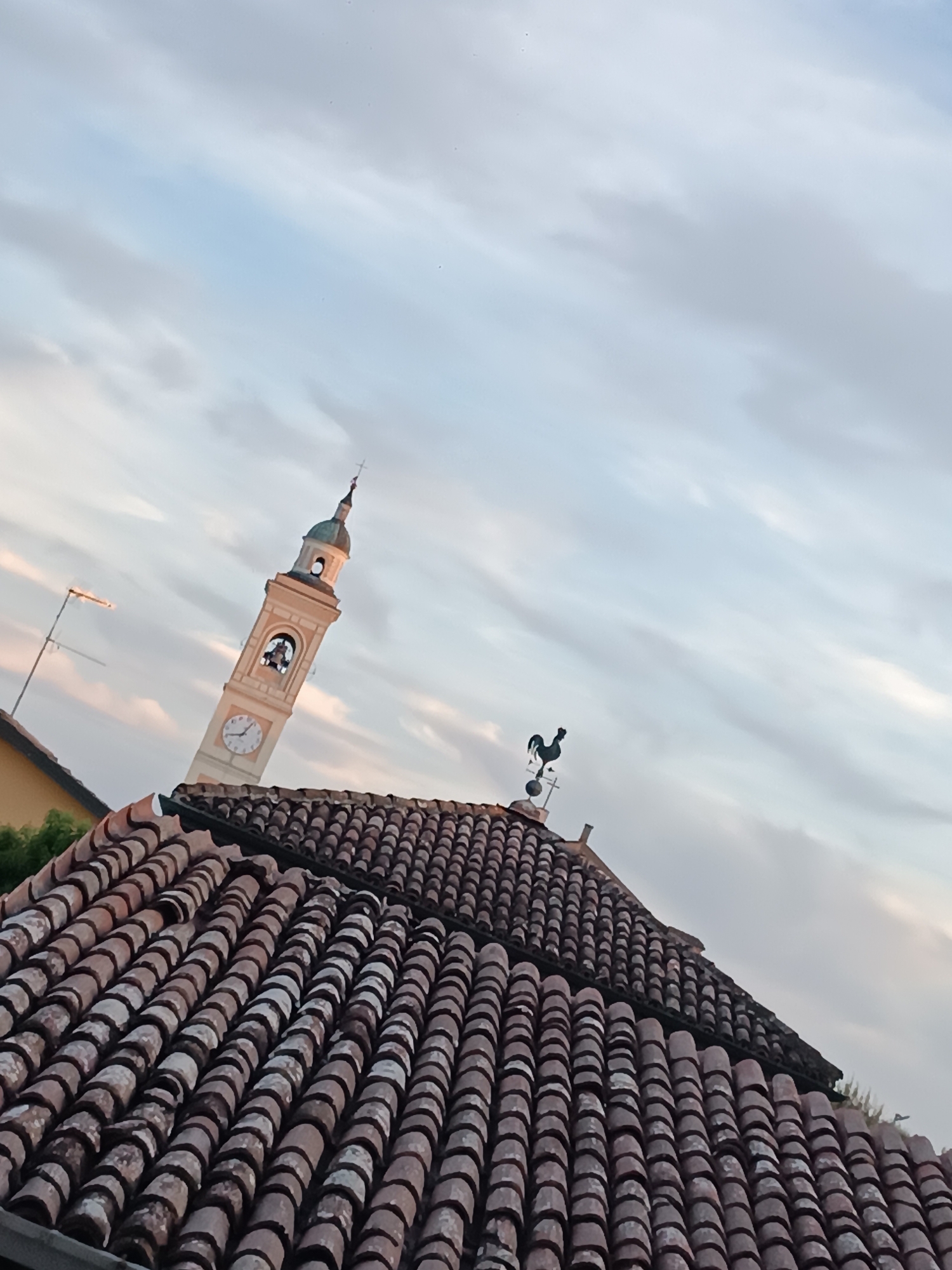 The image captures a view of the sky and rooftops in Viadana, Italy. In the background, a clock tower with a bell is visible, along with a weathervane shaped like a rooster. The foreground is dominated by a tiled roof. The sky is partly cloudy with soft, diffused light, suggesting it may be early morning or late afternoon. There are no people or active events depicted in the scene. The perspective is from a slightly elevated position, looking up towards the sky and the structures.