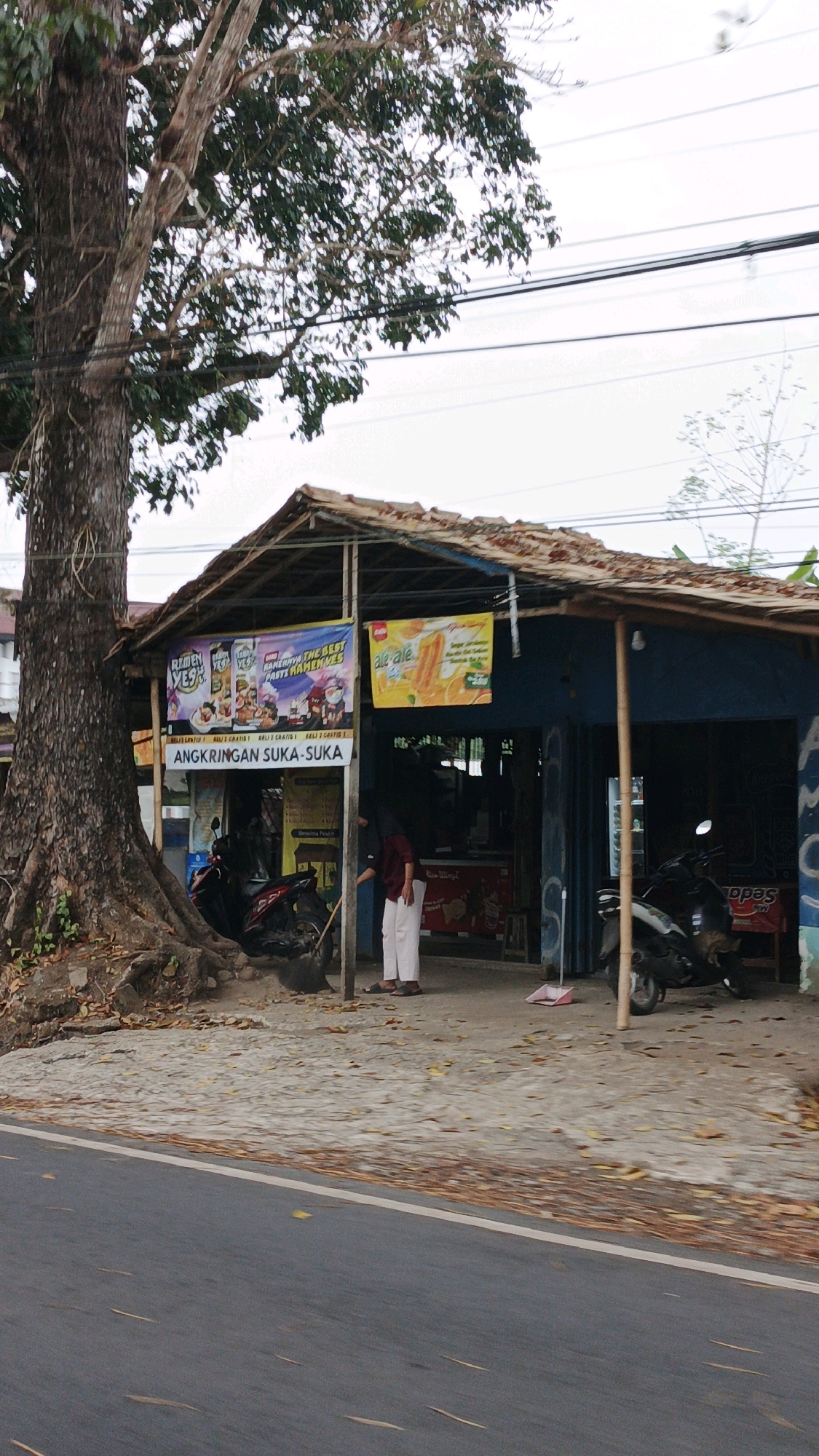 The image shows a street-side food stall in Sukaresik, Indonesia. The stall is characterized by a simple wooden structure with a corrugated metal roof. Two banners hang from the front of the stall. The banner on the left features cartoon characters and advertises "RAMEN YES" and "ANGKRINGAN SUKA-SUKA". The banner on the right displays an image of oranges and text that reads "ale ale".
In front of the stall, a large, mature tree with a thick trunk and extensive branches dominates the left side of the frame. The ground is paved with concrete and covered with scattered dry leaves. Two motorcycles are parked near the stall. A person, wearing a maroon top and white pants, stands near the entrance of the stall, interacting with the interior. The street in the foreground is asphalt with a white lane marker. Power lines are visible in the upper portion of the image, stretching across the sky.